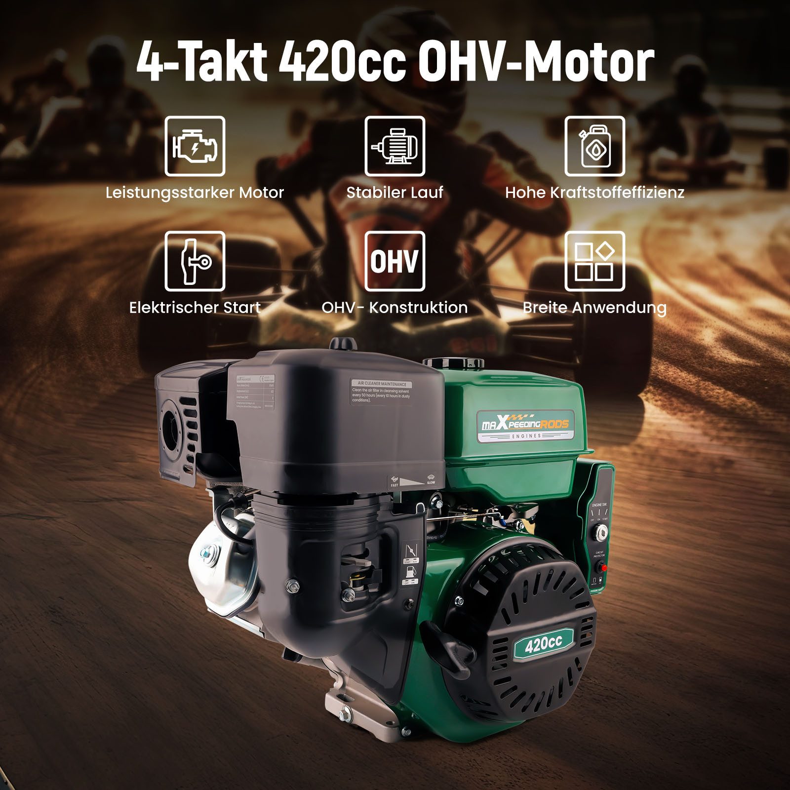 maXpeedingrods Motoreinachser PE-MXR420E, (1-tlg), 420cc Benzinmotor 4-Takt OHV 15PS/8KW Standmotor Kartmotor E-start