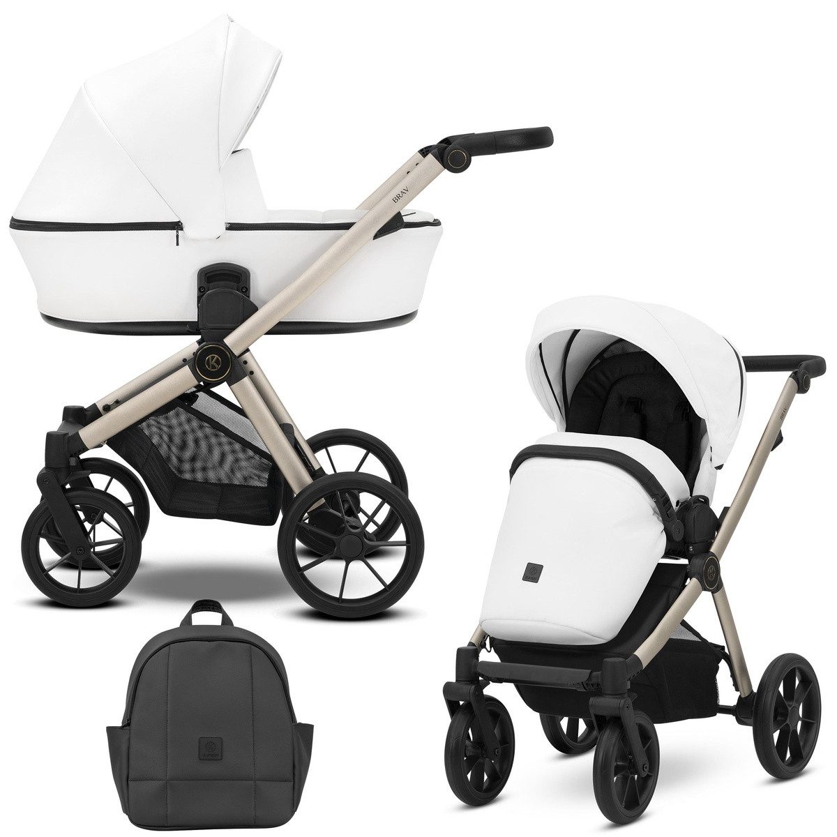 KUNERT Kombi-Kinderwagen BRAV 2 in1 Öko-Leder Kinderwagen mit Champagner Rahmen und Gelrädern, Leichtes Aluminiumgestell, 5-Punkt-Sicherheitsgurte