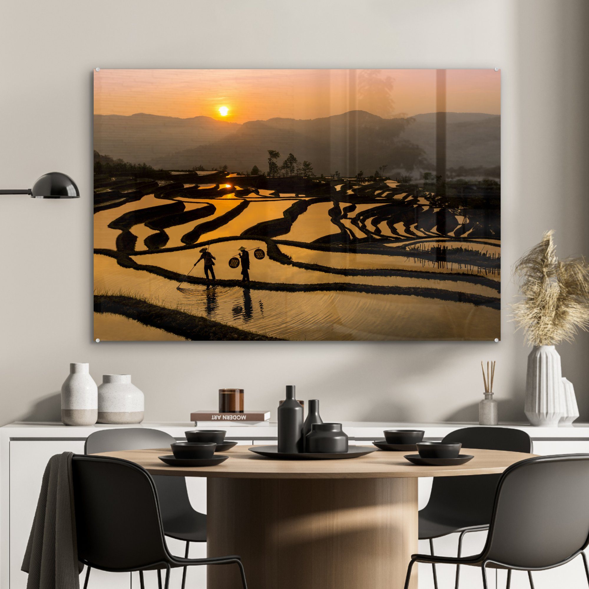 Acrylglasbilder einem (1 Sonnenuntergang, Wohnzimmer MuchoWow von Schönes St), & Bild Acrylglasbild Schlafzimmer bei Reisfeld