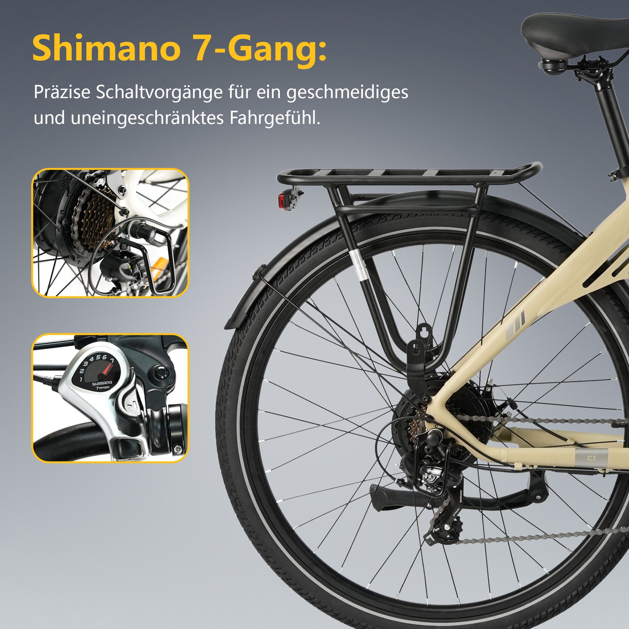 TTGO E-Bike Cityrad 28 Zoll, 120km, Elektrofahrrad für Damen und Herren, Tiefeinsteiger, 7 Gang SHIMANO, Kettenschaltung, Heckmotor, 650 Wh, (für ca. 160–195 cm – Bild 5 von 5