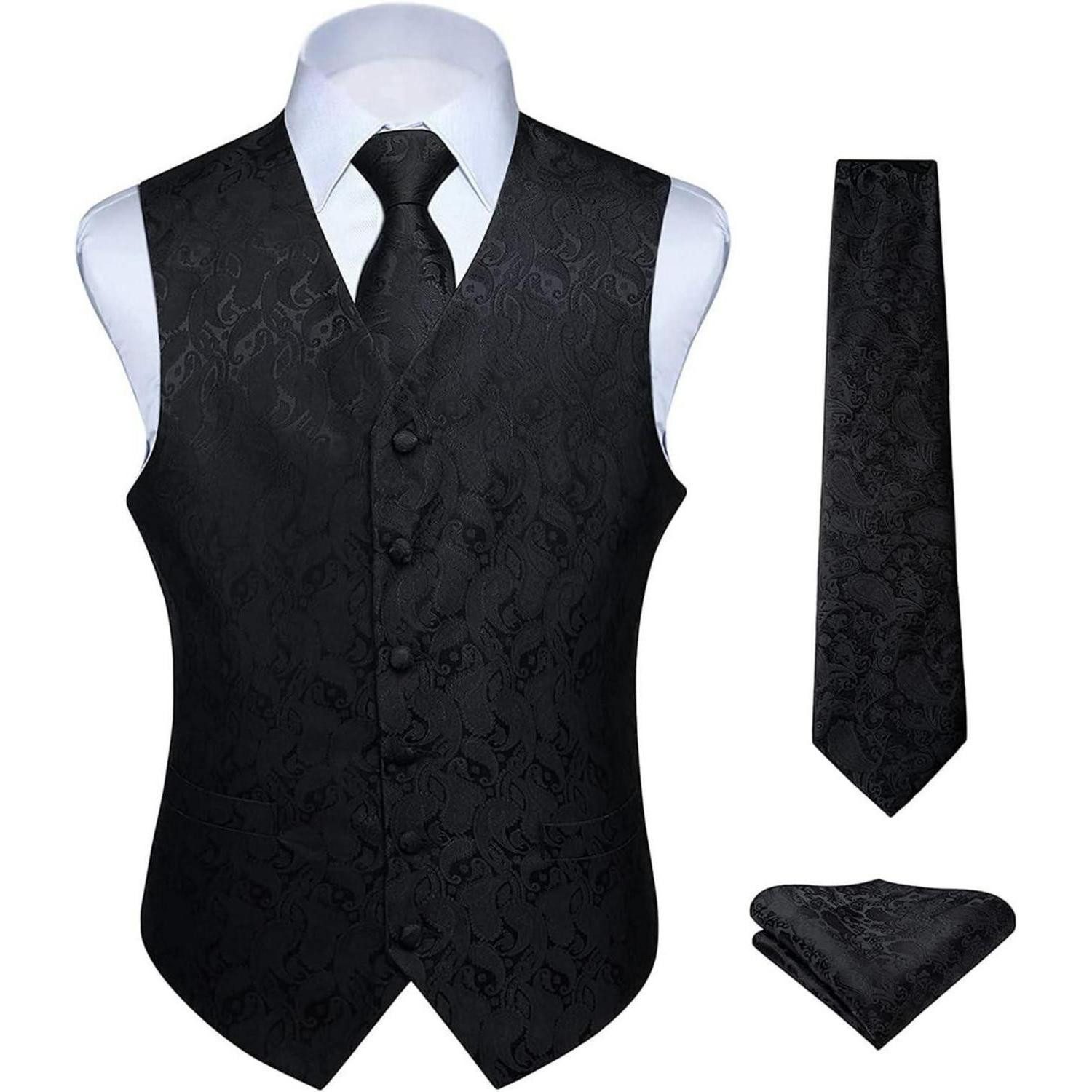 Krawatte Weste Herren Hochzeit Krawatte Einstecktuch Jacquard Floral S Black-2
