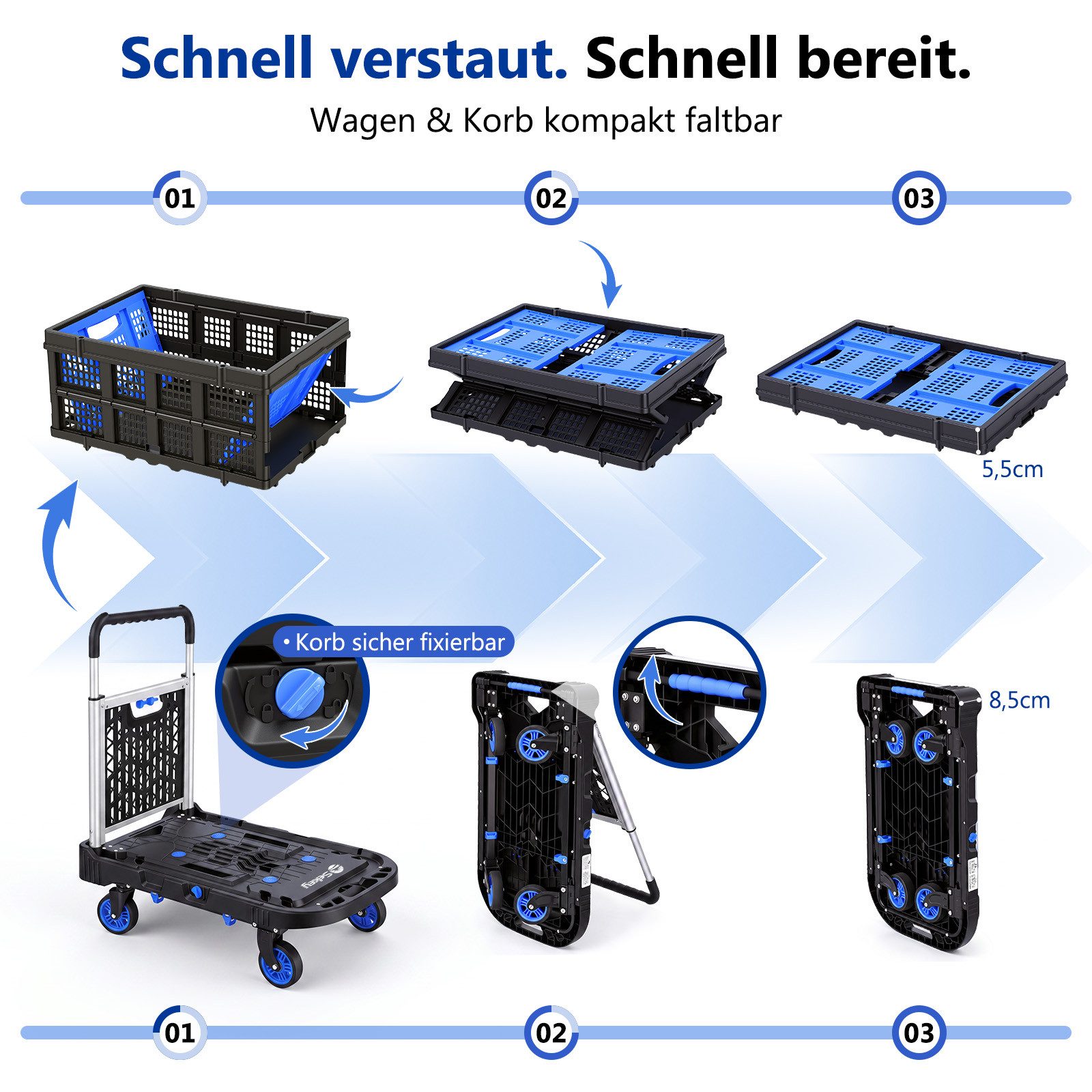 Sekey Transportwagen Plattformwagen klappbar Handgriff mit abnehmbarem Einkaufskorb, 2-in-1 Transportwagen 360° Lenkrollen, 3-Fach höhenverstellbarer Griff – Bild 4 von 5