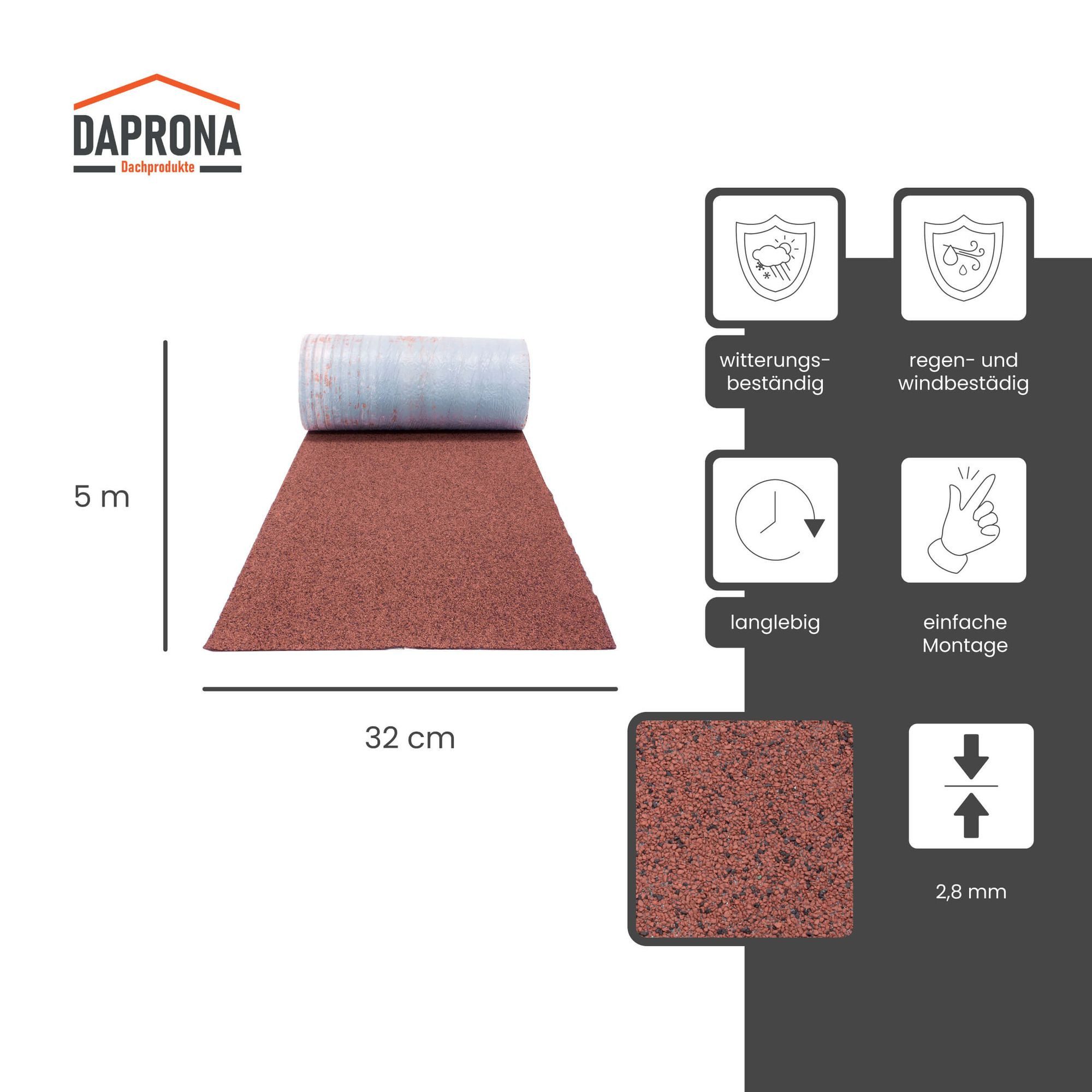 DAPRONA Dachschindeln Dachschindeln, Firstabdeckung 5m x 32cm Rot, (20-St), Bitumen Firstband für Gartenhaus, Carport
