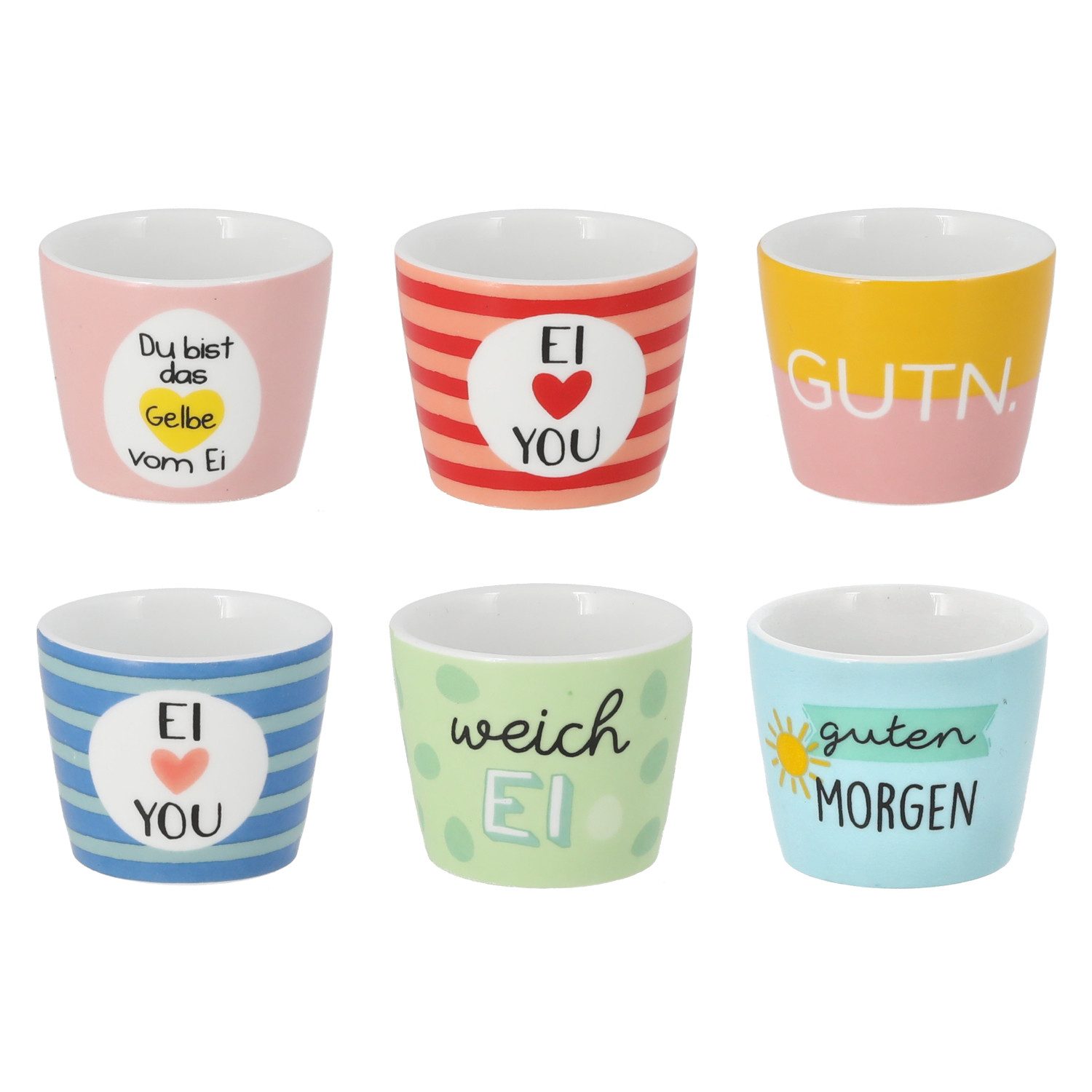 Macosa Home Eierbecher 6er Set bunt lustig 5 cm Steingut, (Geschenkidee Küche, 6-tlg., für Frühstück Brunch Ostern Tischdeko), Eierhalter mit Spruch farbenfroh