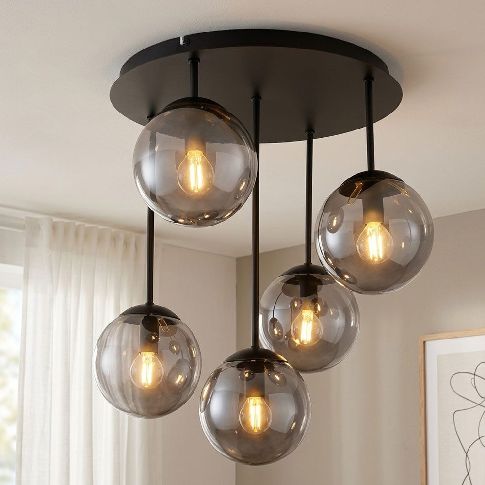 GLOBO LIGHTING LED Deckenleuchte, Leuchtmittel inklusive, Warmweiß, LED Deckenleuchte Glas 5-flammig rund schwarz Rauchoptik D 38 cm