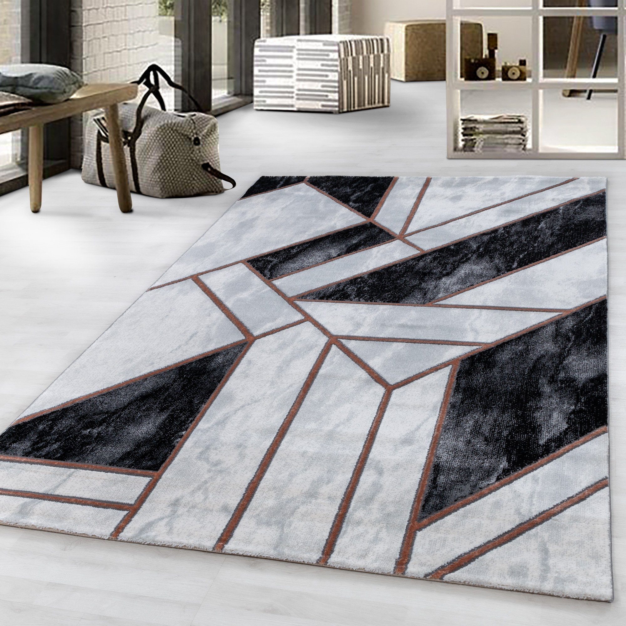Designteppich Mosaikoptik Kurzflorteppich Flachflorteppich Schlafzimmer Wohnzimmer, Miovani Bronze
