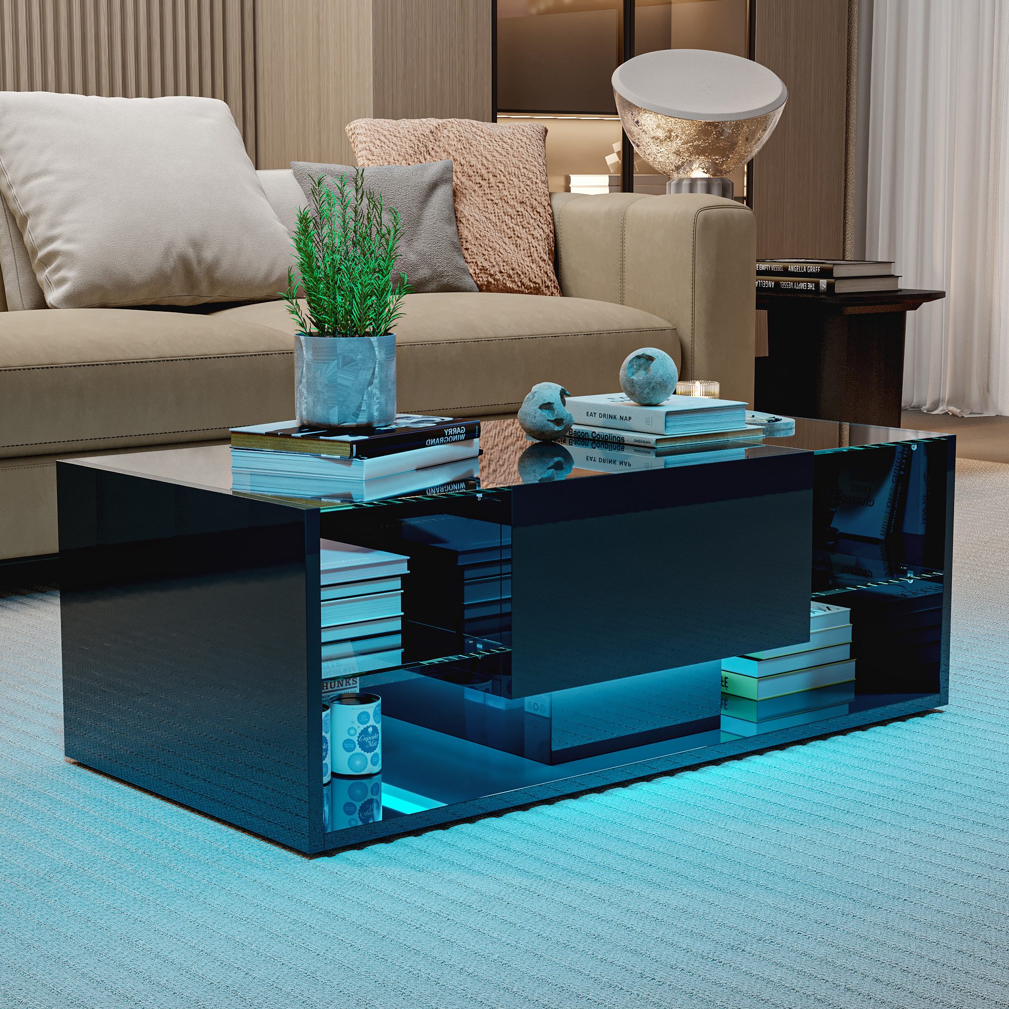 BELUPAI Couchtisch Hochglanz Wohnzimmertisch mit LED-Beleuchtung, Schwarz Sofatisch mit Schubladen und 4 Glasstücke