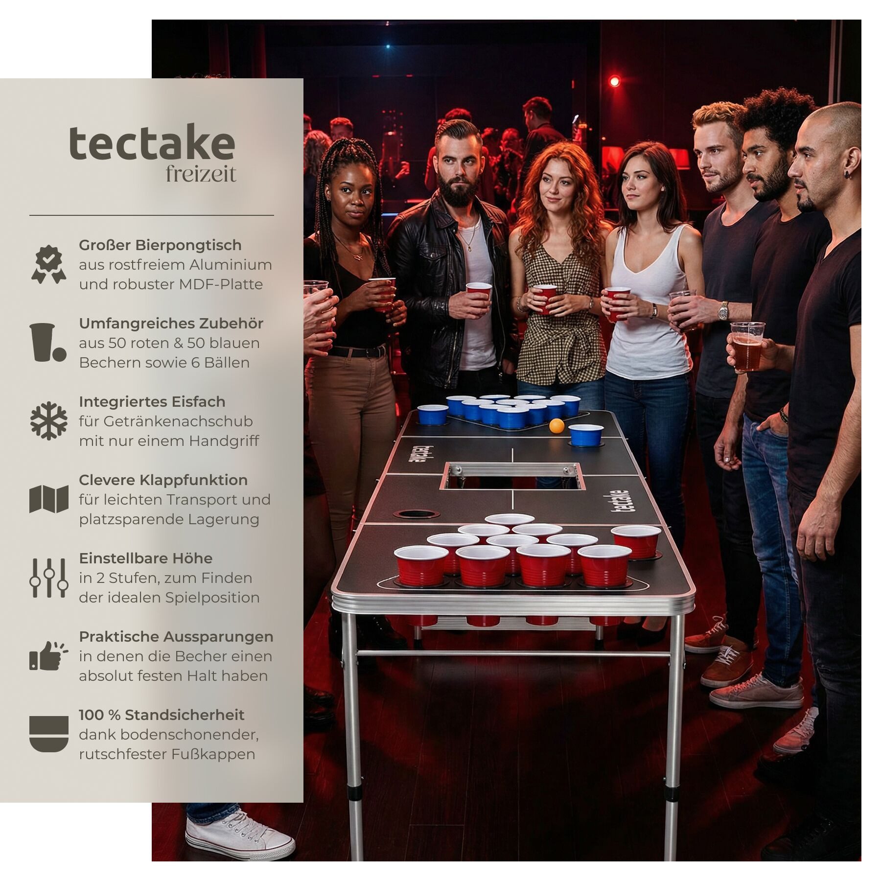 tectake Spieltisch Bierpongtisch mit Eisfach, inklusive 100 Bechern und 6 Bällen, (Beerpong-tisch Beer Ball Blitz), klappbar, höhenverstellbar, bodenschonend, praktische Tragegriffe