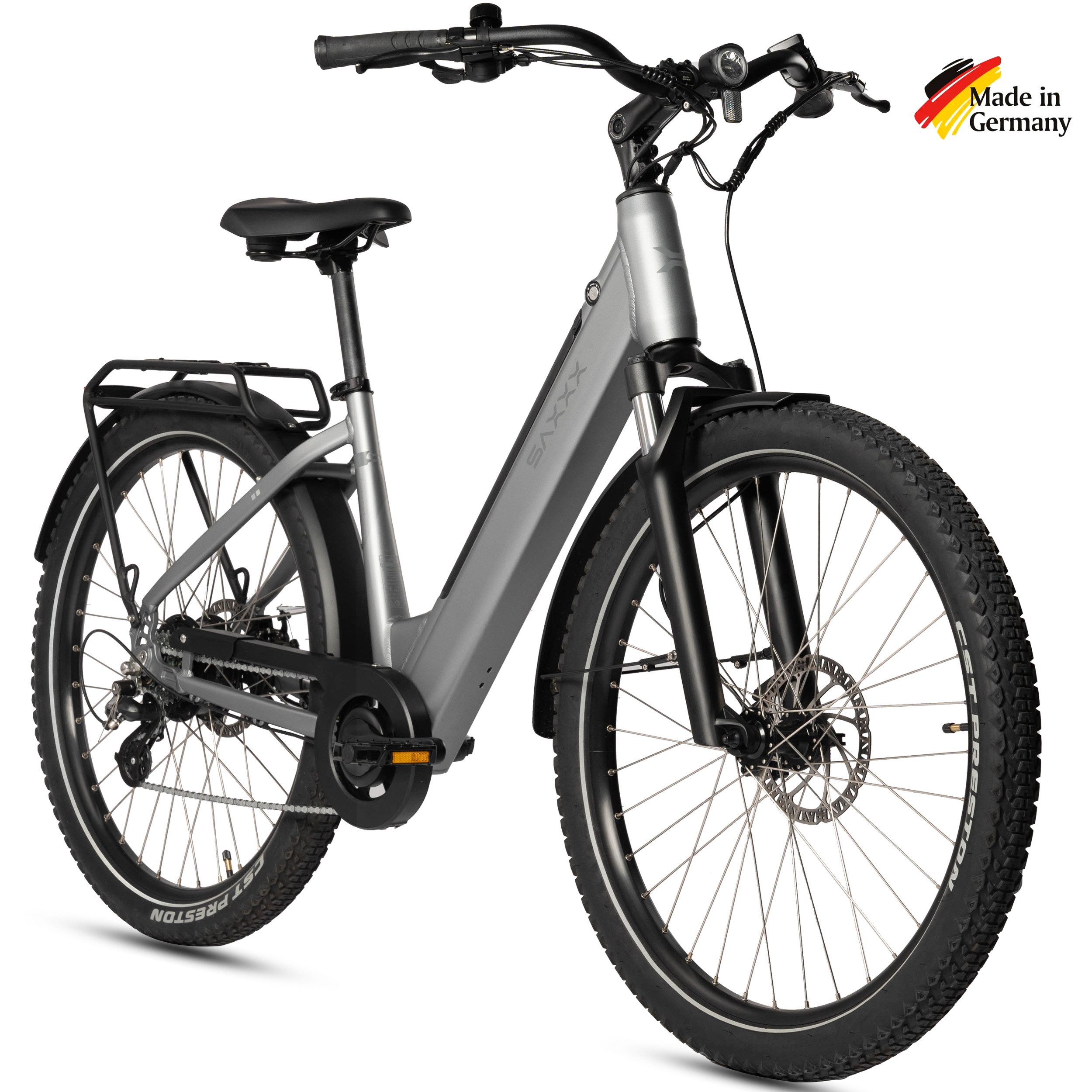 SAXXX E-Bike Cityrad Damen und Herren 28x2,35", SAXXX SUV, 468Wh, 120 km, 95 % vormontiert, 7 Gang SHIMANO Altus Schaltwerk, Kettenschaltung, Hinterradmotor, 468 Wh, (mit Tiefeinstieg, mit Gepäckträger, abnehmbarer Akku), 250W Heckmotor, Pedelec E-Citybik