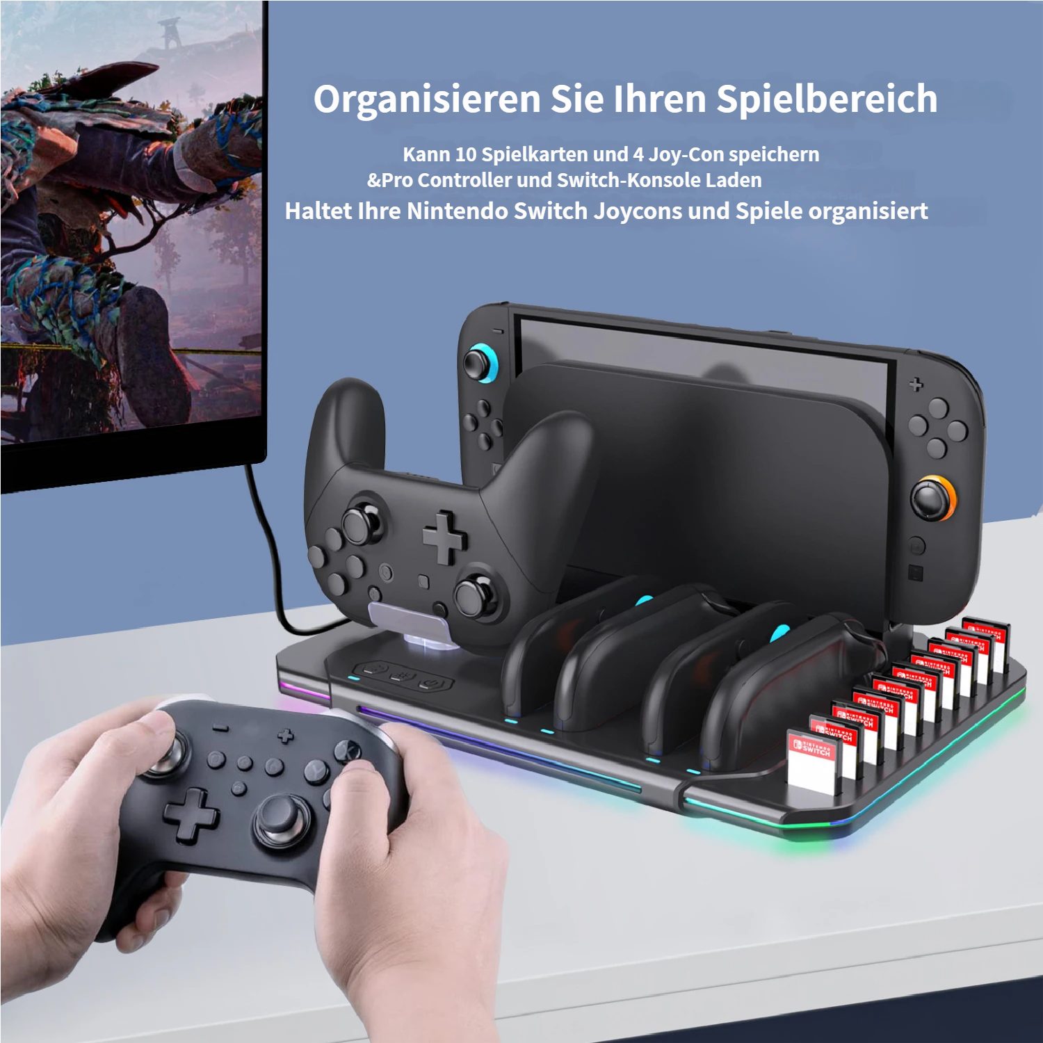 KINSI Switch 2 Ladedock mit Kühlventilator & RGB Beleuchtung Controller-Ladestation (Für Switch 2, für 4 Joy-Cons + Pro Controller + Spielekartenhalter) – Bild 2 von 5