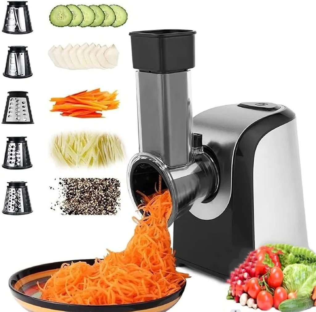LUCKZON Gemüsehobel 5 in 1 Elektrischer Gemüseschneider, automatisch, mit 5 Kegel-Klingen, 150W Edelstahl Spiralschneider Zerkleinerer Salatschneider Schleifer