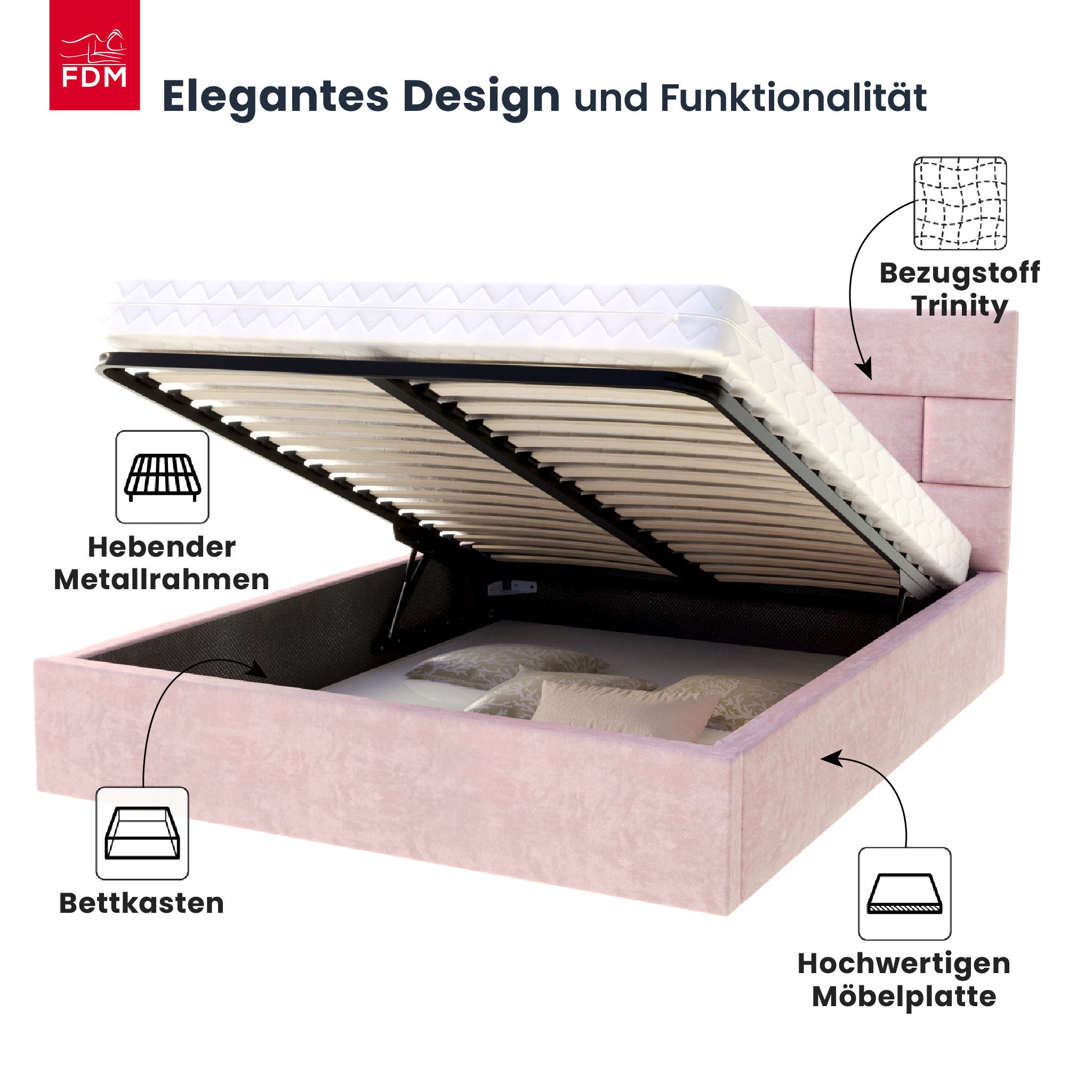 FDM Polsterbett ALA modern mit Bettkasten MADE IN EU - mit hochwertigem Velours Bezug (verfügbar 90x200 120x200 140x200 160x200 180x200cm, Bettrahmen, Bett, mit großen gepolsterten Kopfteil, mit Bettkasten zum aufklappen), Hebbarer Metallrahmen, Bettkasten, mit/ohne Matratze