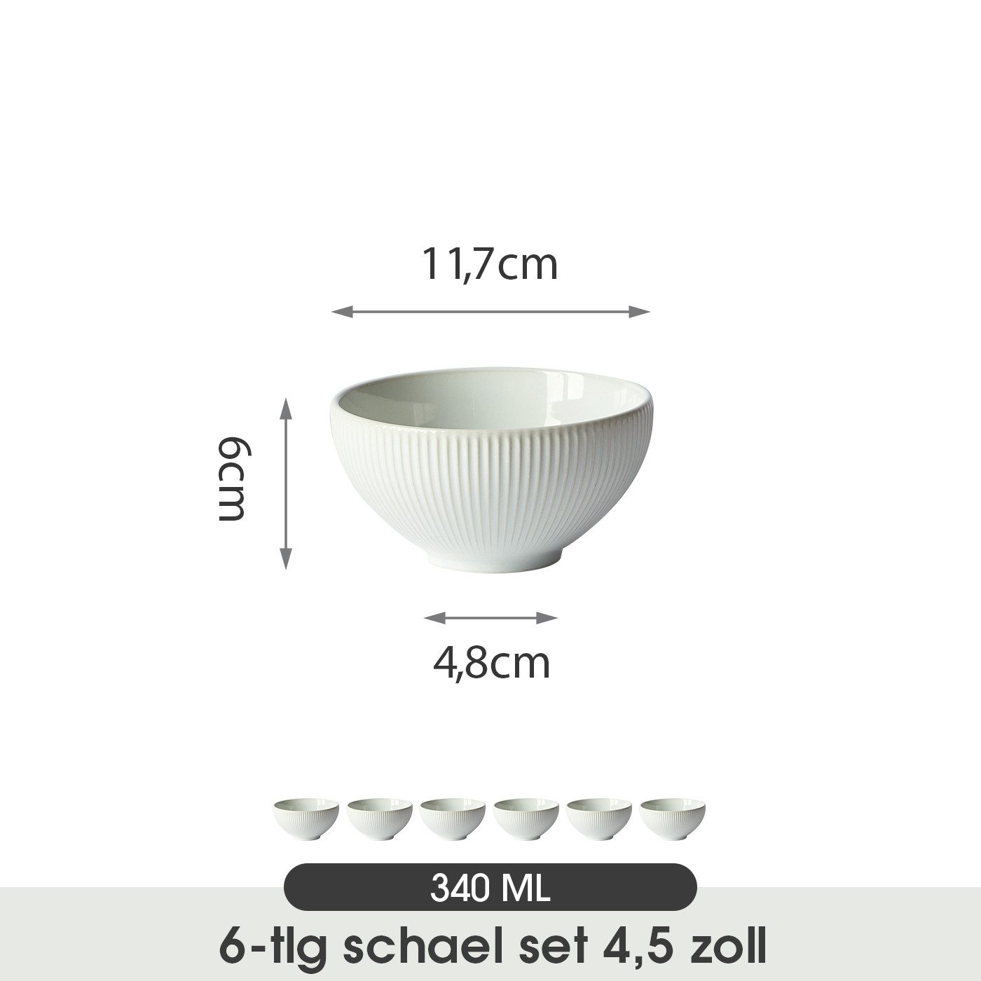 JIWOO Müslischale 6er Ø11,7cm, Frühstückschalen Eisschale Dessertschalen Obstschale, Keramik, (Schaleset, 6-tlg), Bowl, Hochwertiges Schalen Weiß Schale Mikrowellenofen Spülmaschine