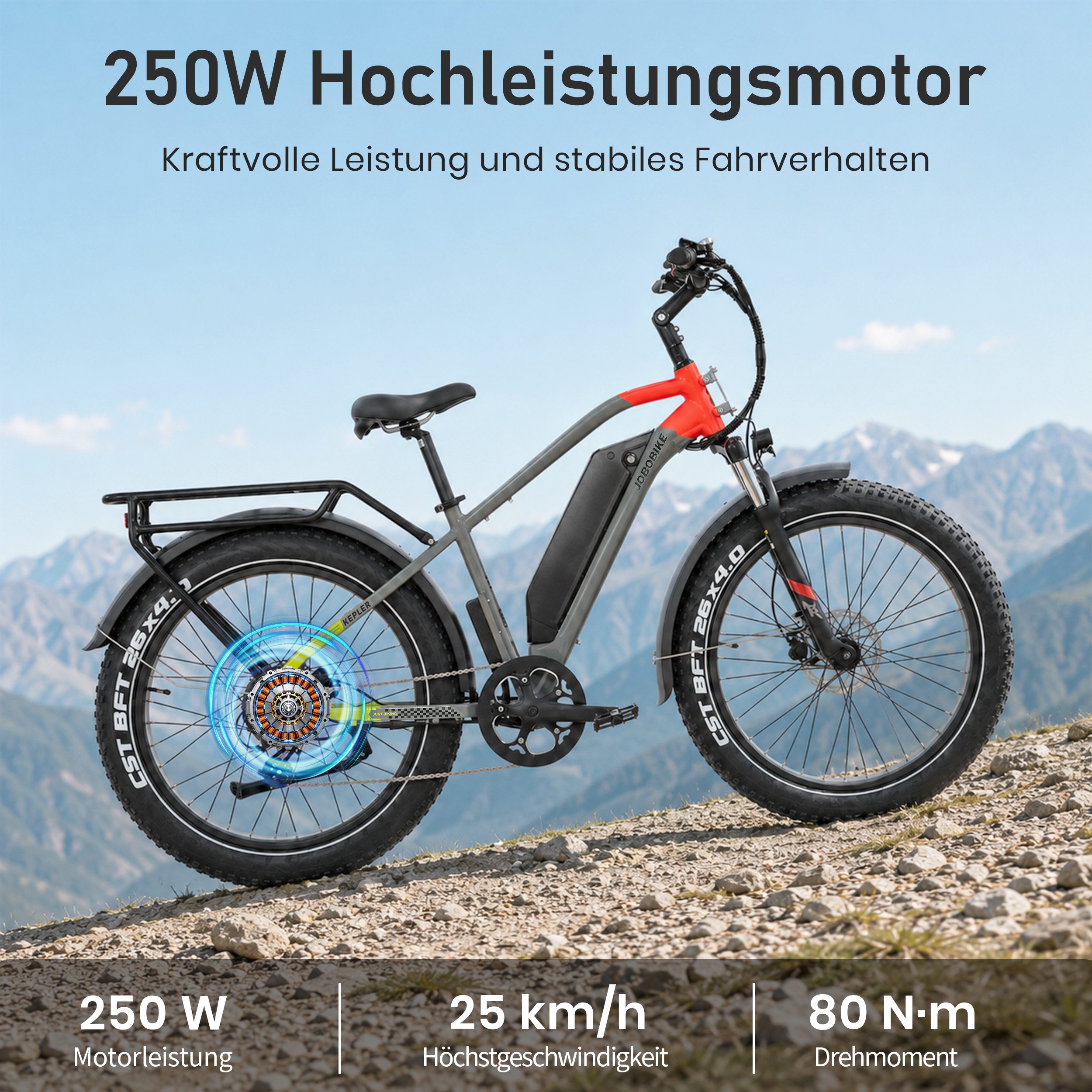 JOBOBIKE E-Bike Mountainbike 26 Zoll, Kepler, bis zu 180km, Bremslicht und Blinker, Fatbike, MTB, 7 Gang Shimano, Kettenschaltung, Heckmotor, 960 Wh, (Bafang-Hinterradmotor, Aluminiumrahmen, 4,0 Zoll CST-Fatbike-Reifen), Elektrofahrrad für Stadtverkehr, Touren und All-Terrain-Einsätze
