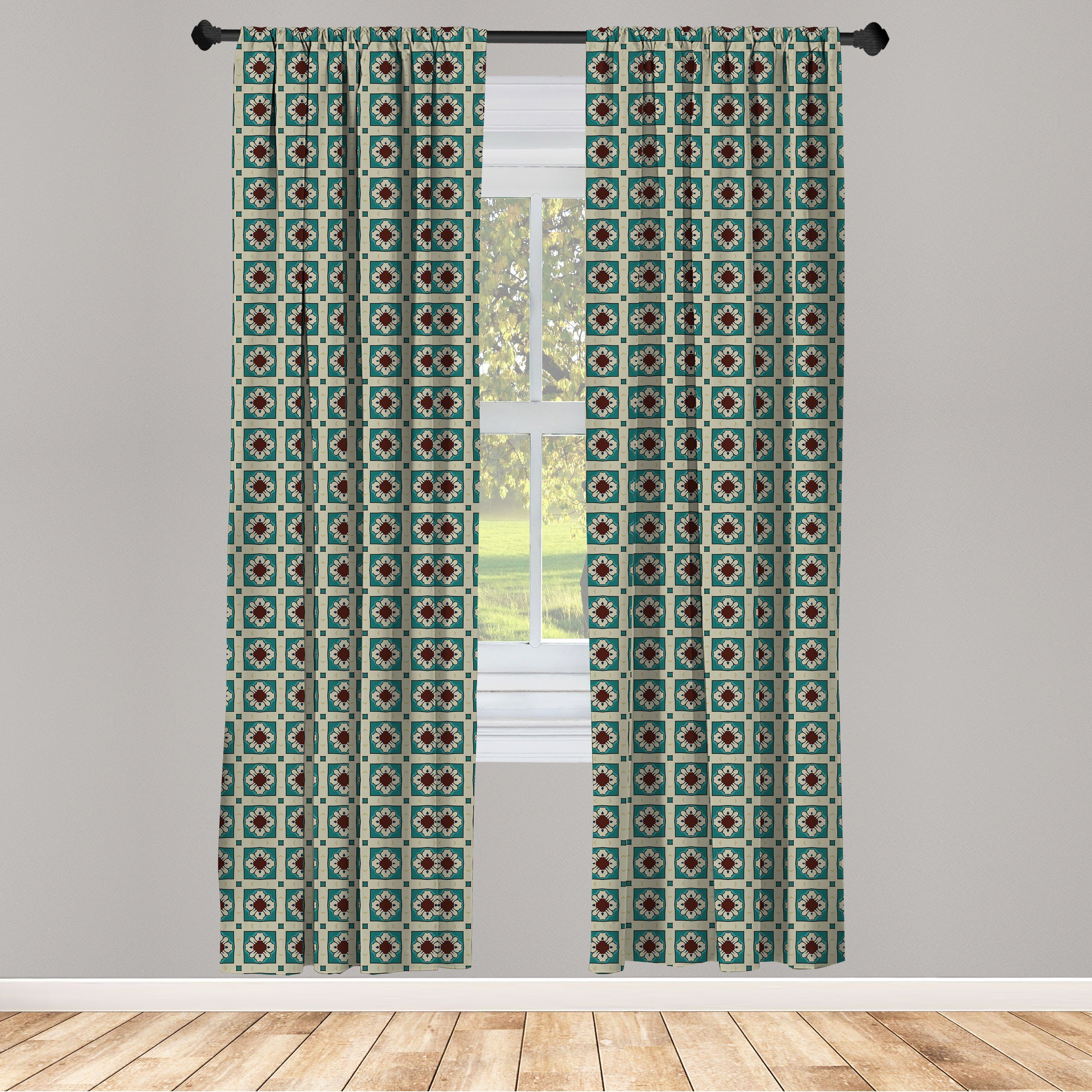 Gardine Vorhang für Wohnzimmer Schlafzimmer Dekor, Abakuhaus, Microfaser, Jahrgang Antike Blumen Kachel Verziert