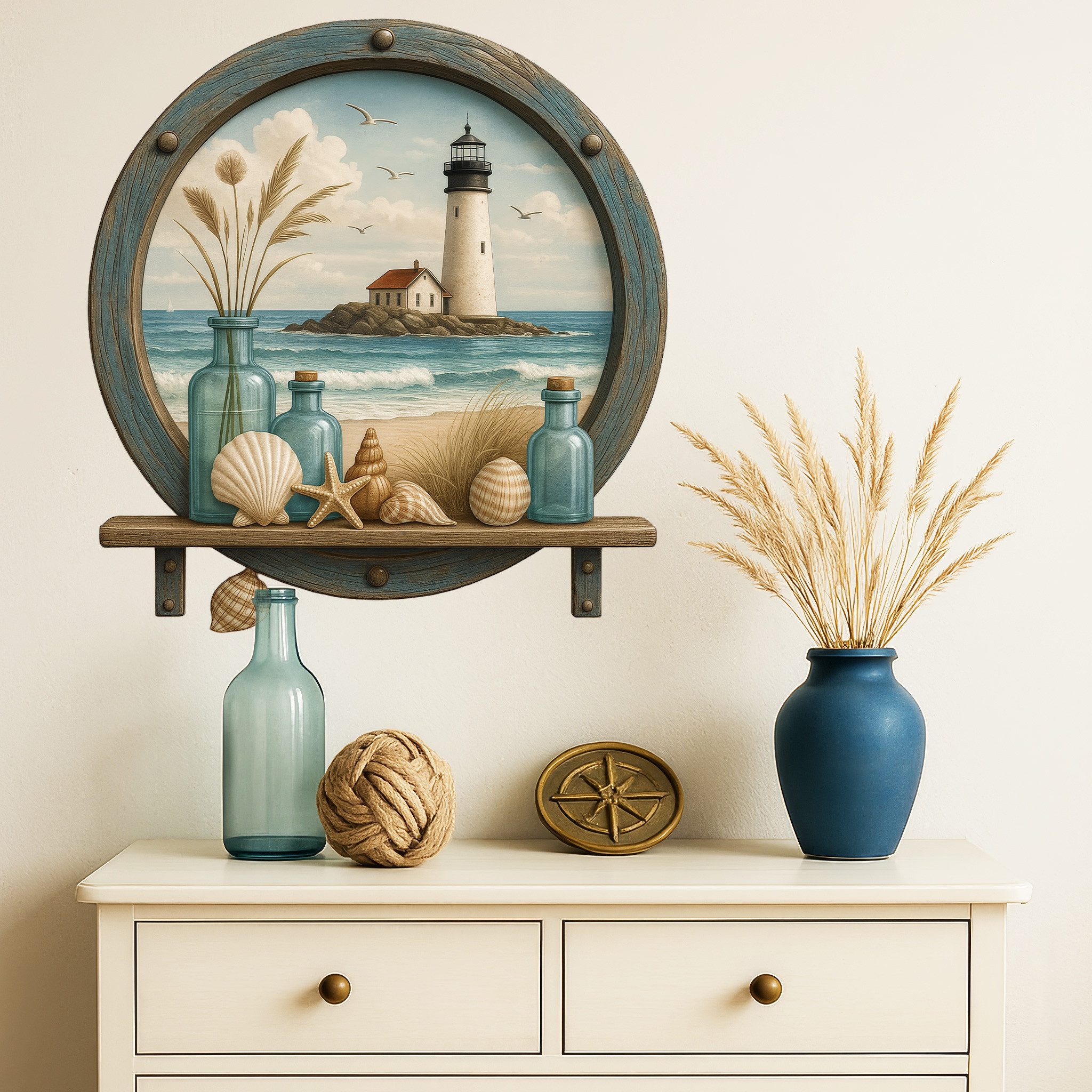 Sunnywall Wandtattoo Aufkleber Maritim Bullauge blau türkis mit Leuchtturm günstig online kaufen