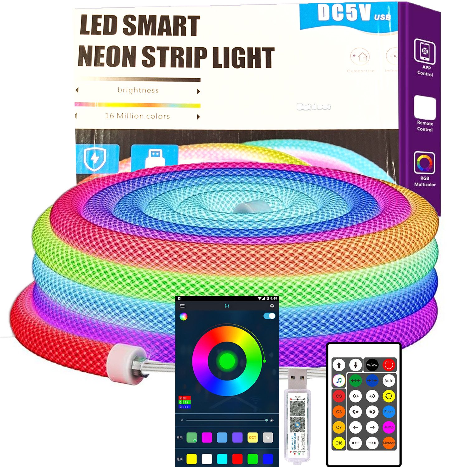 LED-Stripe-Profil WS2811 RGB IC Neon LED Strip 5M, 360 Grad, IP67 Wasserdicht, 50 LED/M