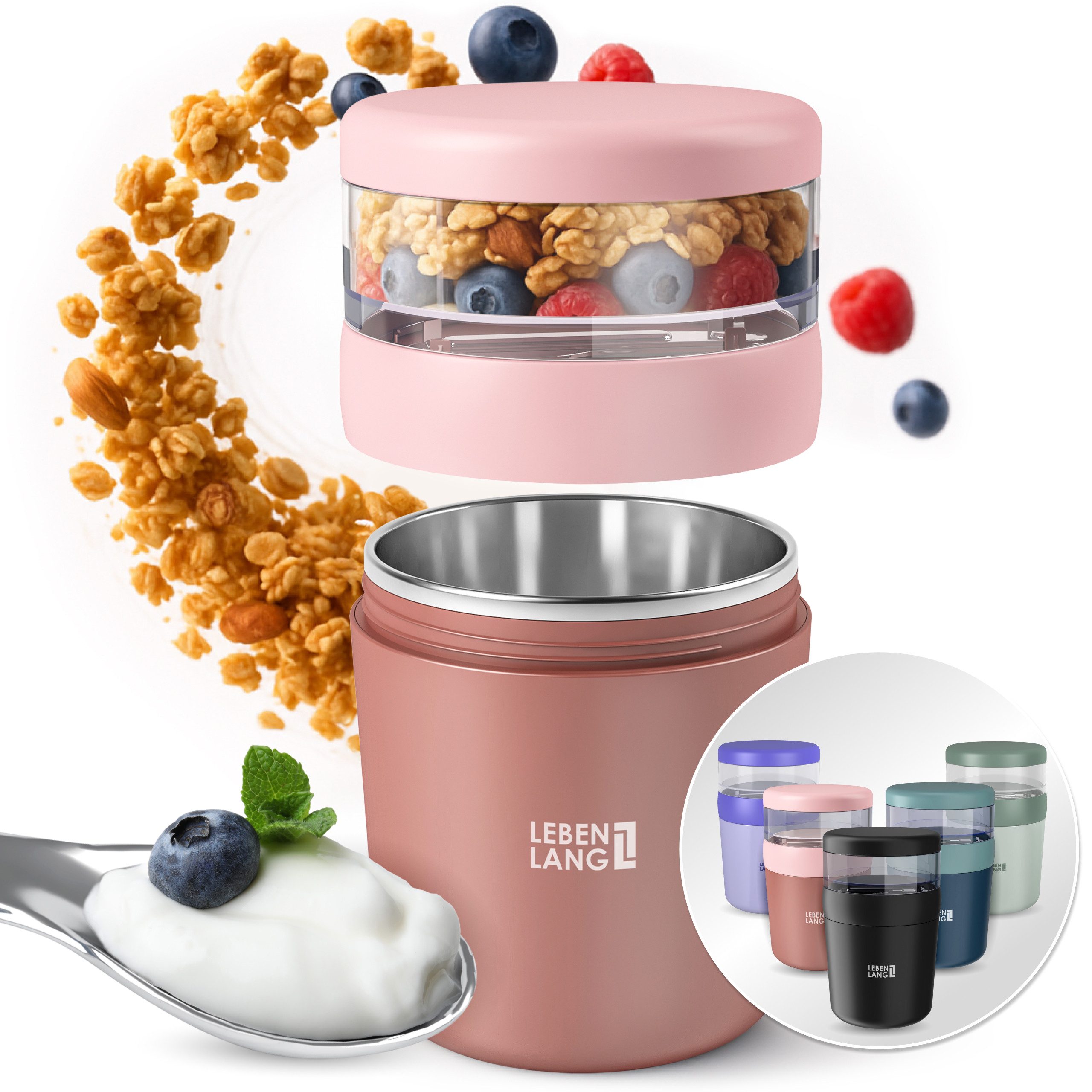 Lebenlang Aufbewahrungsbecher Müslibecher, Isolierende Edelstahlinnenwand, ToGo mit Löffel & 650ml, Edelstahl/Kunststoff, (500ml Becher, 150ml Aufsatz, Drehvershluss, faltbarer Löffel), Auslaufsicher & Perfekt für Schule, Kita, Büro oder Uni