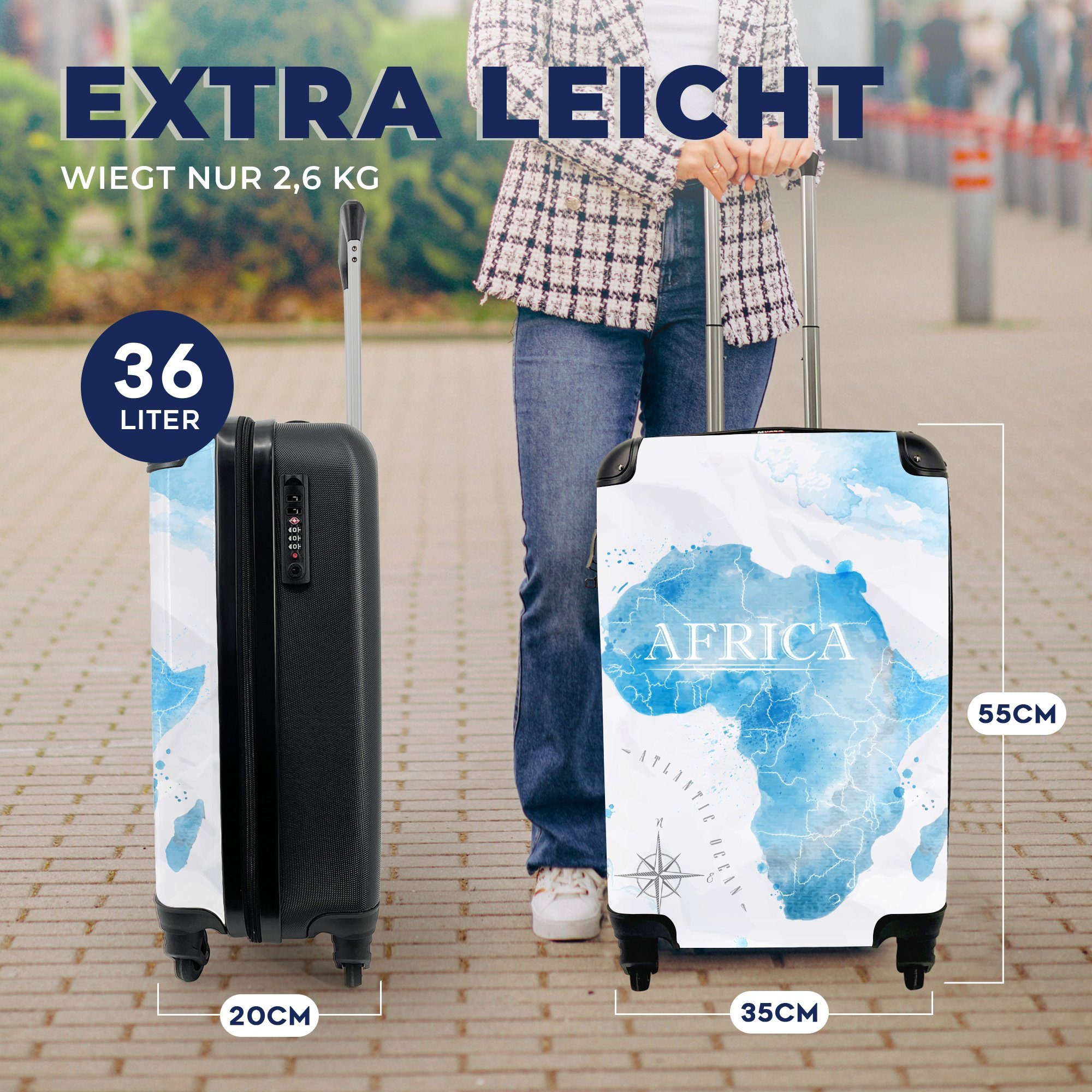 Aquarell, MuchoWow Handgepäck Karten Reisekoffer Trolley, 4 Rollen, mit rollen, Handgepäckkoffer - Reisetasche für Afrika Ferien, -