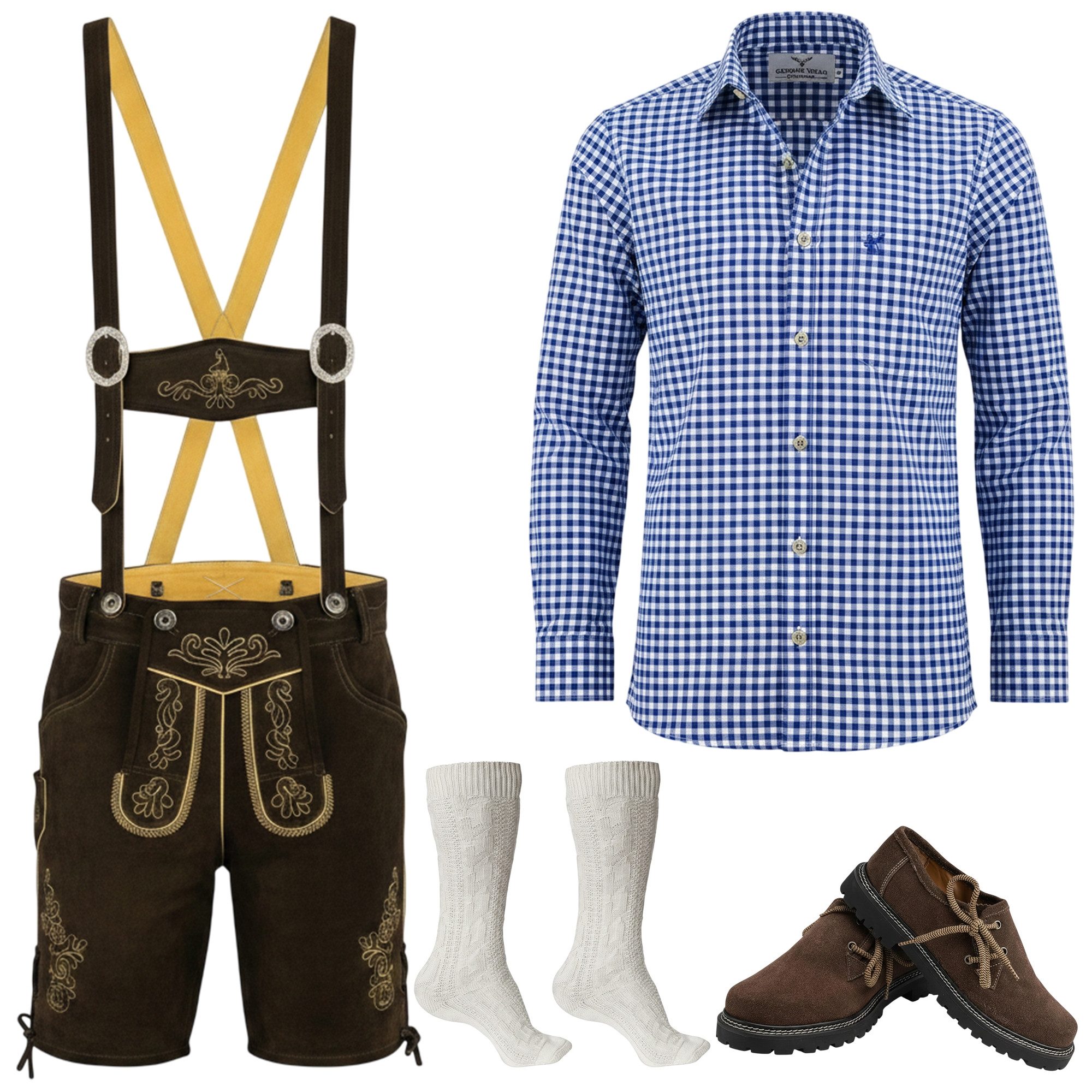 German Wear Trachtenlederhose Trachten Set + Hemd Blue (5-Teilig Set) Trachten Set Hose, Hemd, Schuhe, Socken & Hosenträger