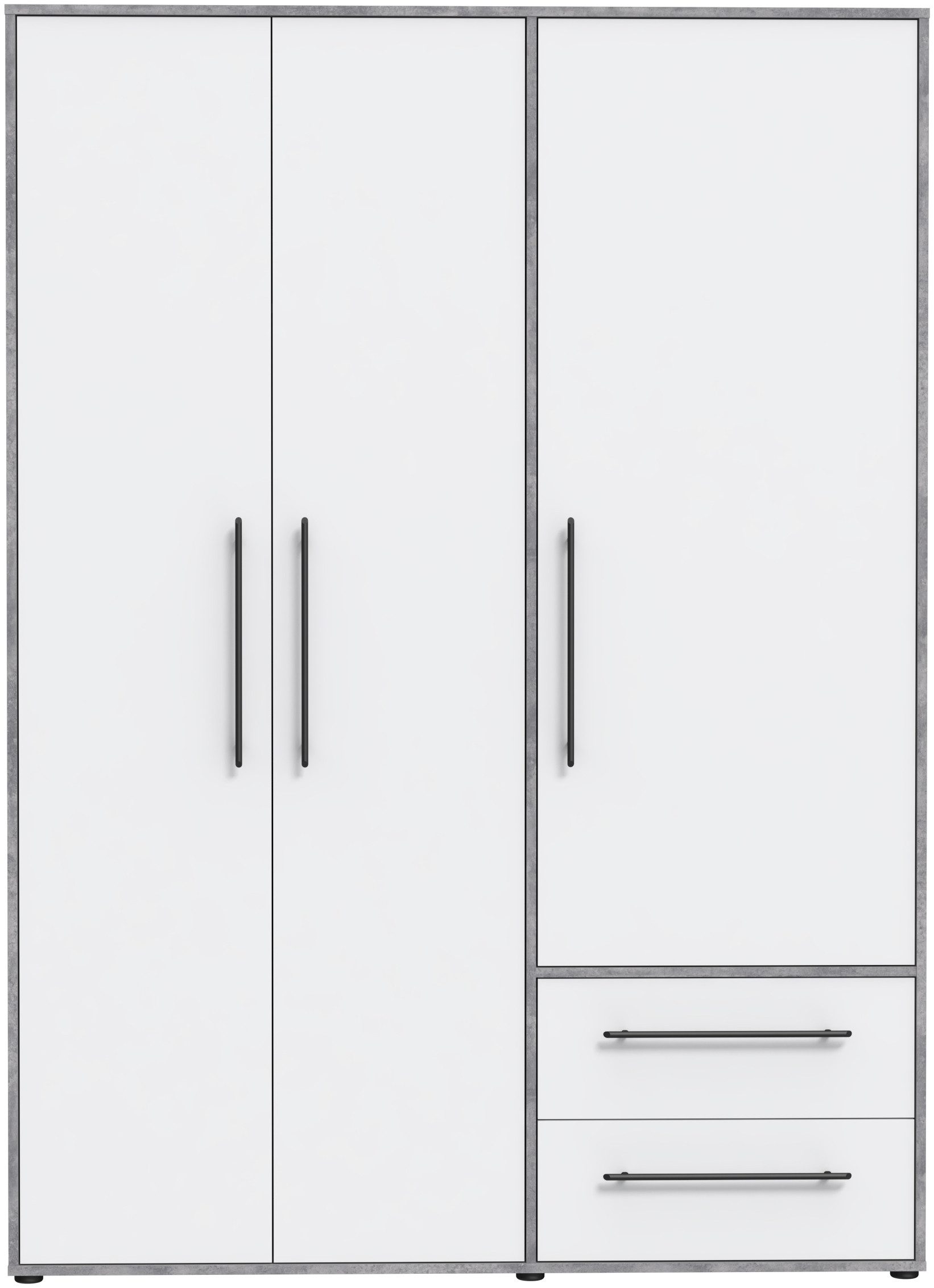 FORTE Kleiderschrank Mokkaris,Topseller, zeitloses Design, 3–4 Türen, Made in Europe (B/H/T ca. 145x200x59cm oder 206x200x59cm) Schubladen + schwarze Stangengriffe, Made in Europe, viel Stauraum