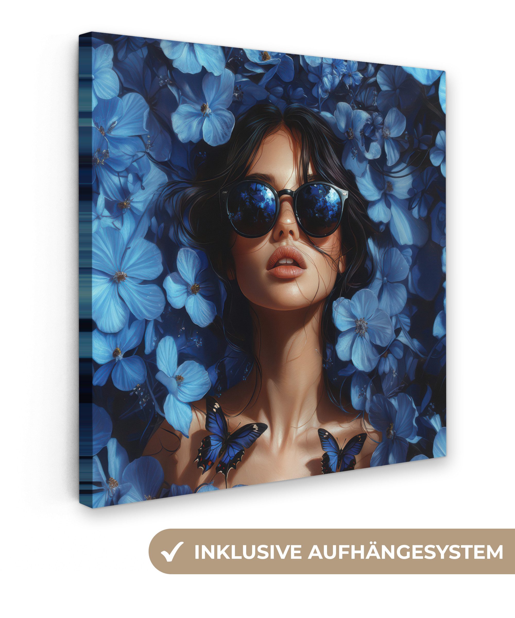 OneMillionCanvasses® Leinwandbild Frau - Blau - Blumen - Schmetterlinge - Natur, Fotodruck (1 St), Wandbild, Deko Schlafzimmer Wohnzimmer Flur 20x20 cm