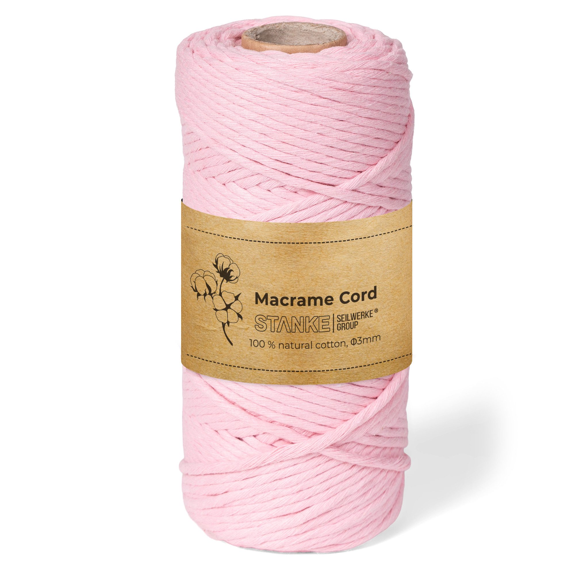 STANKE Bastelnaturmaterial Makramee Garn 3mm 100 m Farbe Rosa - Baumwollgarn für Boho, (100m Rolle 1-tlg), DIY, Körbchen, Traumfängerfür Untersetzer, Taschen 100% Baumwolle