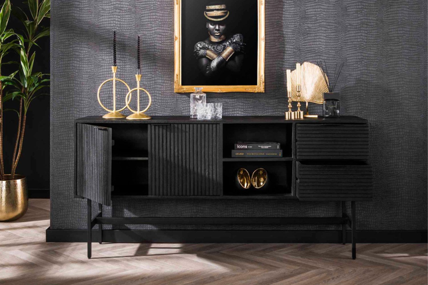 KAWOLA Sideboard LORCA, Sideboard Mango massiv schwarz 2 Türen 2 Schubladen 170x81x40 cm