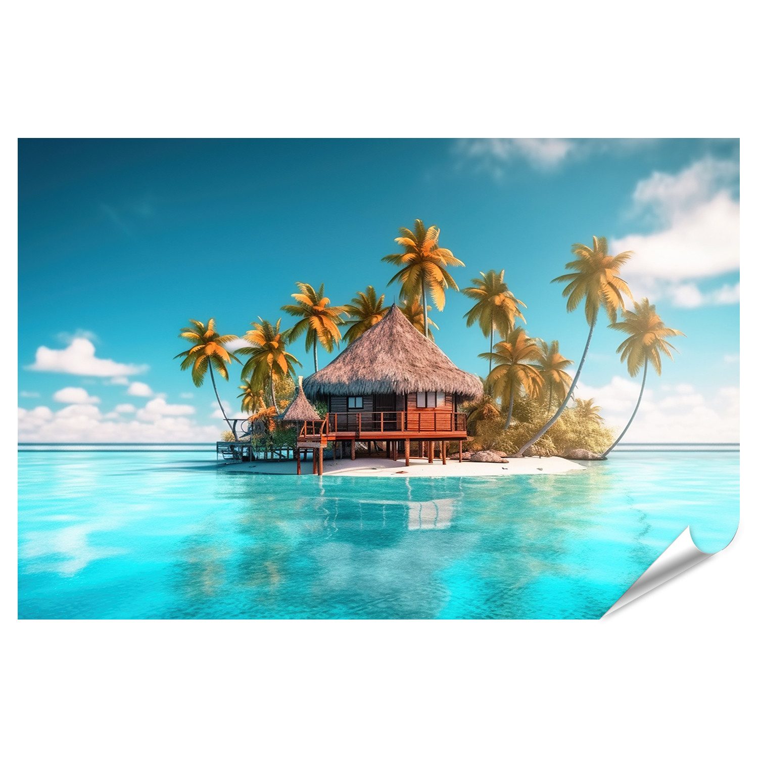 Poster Kleine Tropische Insel Palmen Hütte Umgeben Meer Blaues Wass Bilder