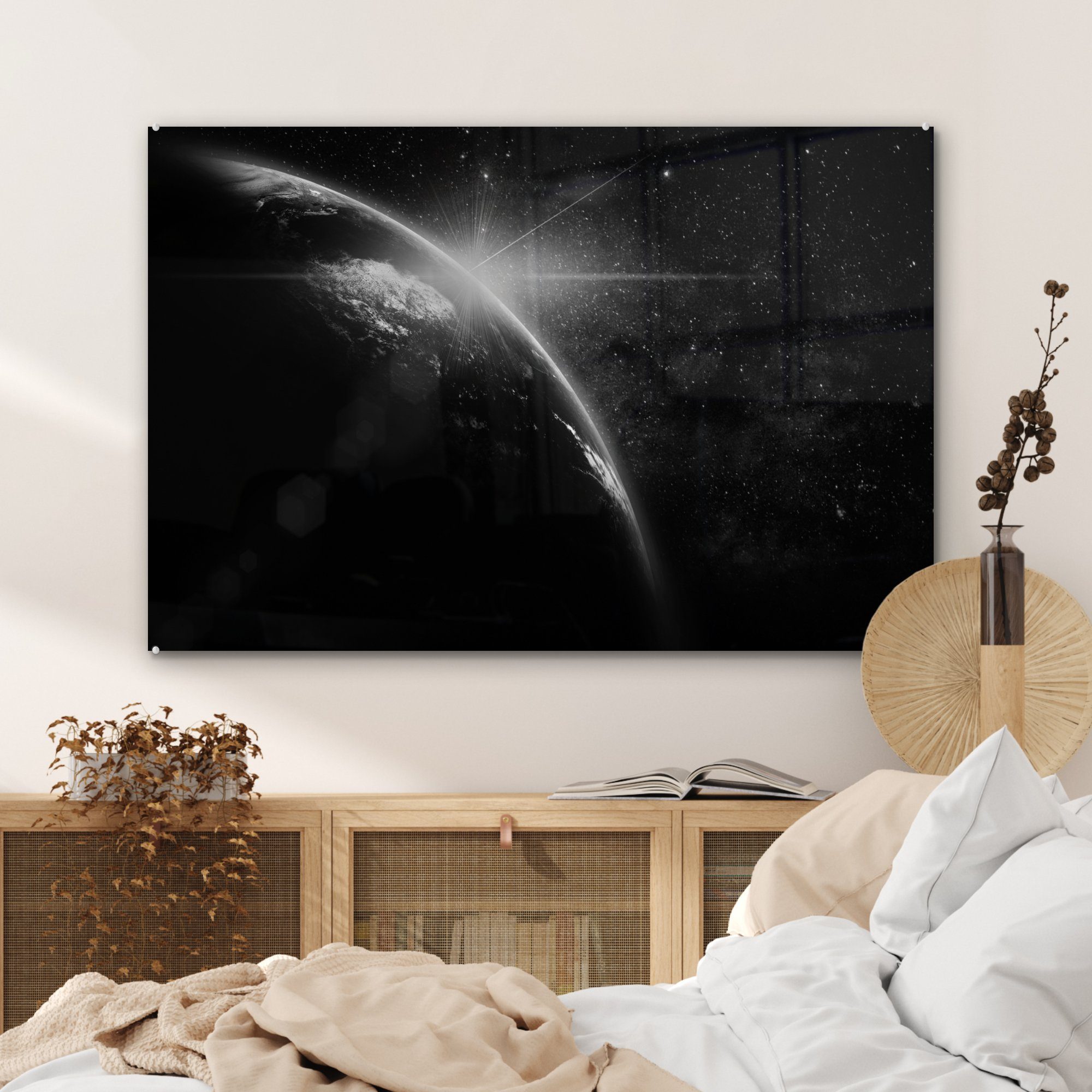 - Erde & - Acrylglasbild St), Planeten Acrylglasbilder Schlafzimmer MuchoWow (1 Wohnzimmer Sterne,