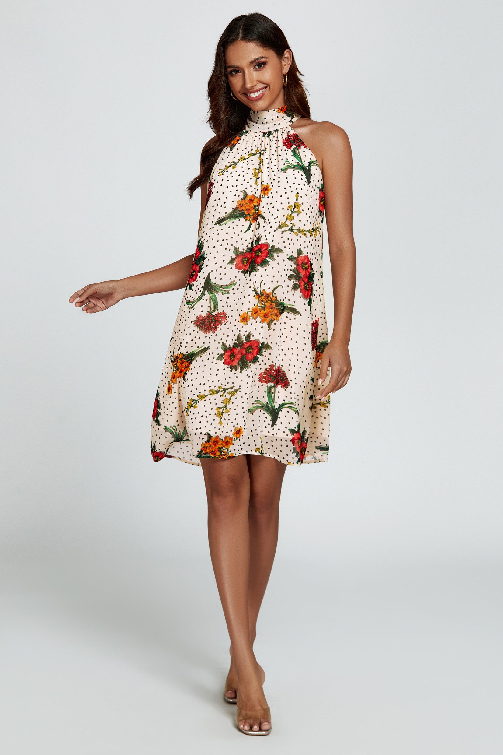 FS Collection Minikleid Damen Minikleid Neckholder Sommerkleid mit Bindeband (XS (EU:36 / UK:8) · S (EU:38 / UK:10) · M (EU:40 / UK:12) · L (EU:42 / UK:14) · XL (EU:44 / UK:16), 8 Farben) Neckholderdesign, Bindeband am Rücken, lockerer Fall, Allover-Druck
