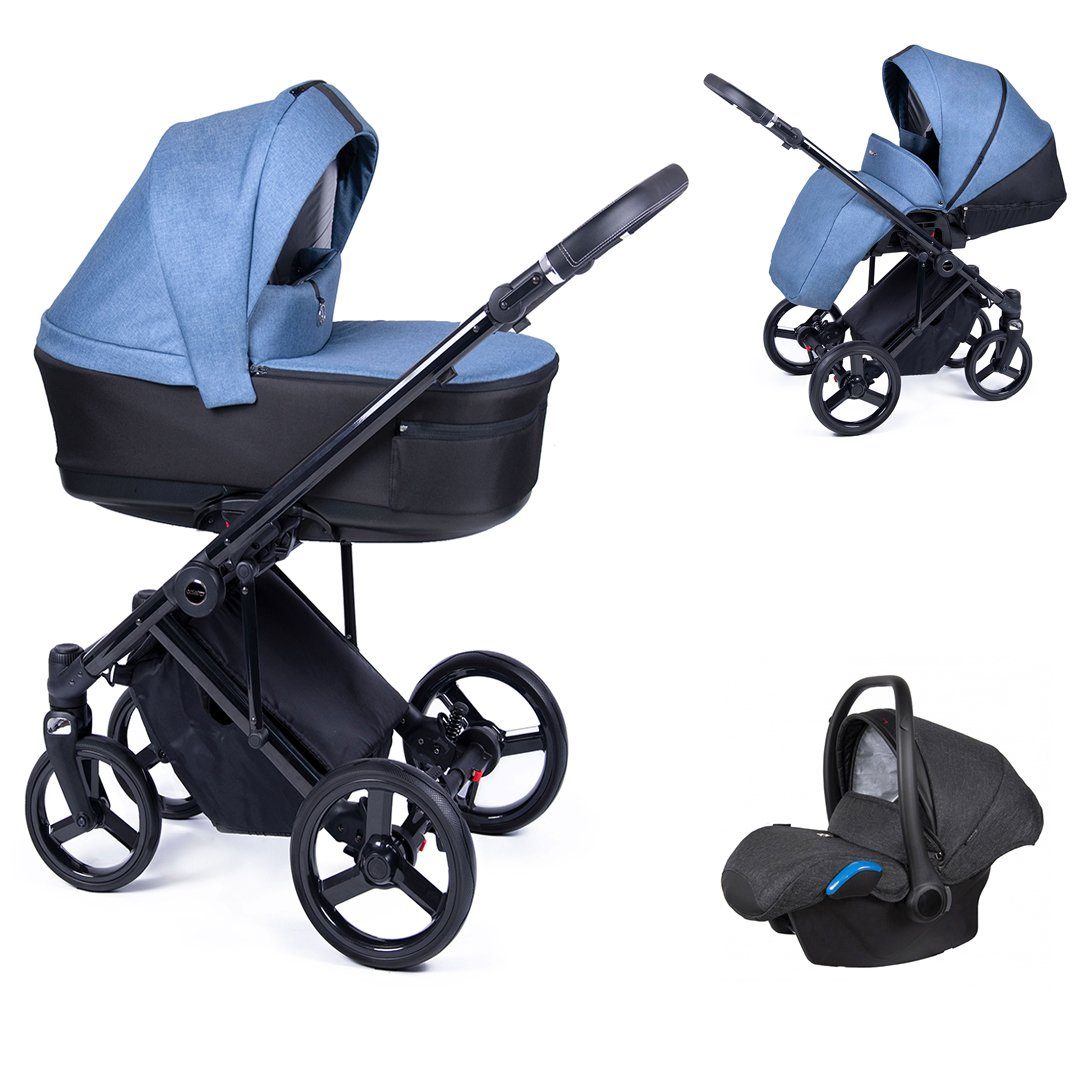 babies-on-wheels Kombi-Kinderwagen 3 in 1 Kinderwagen-Set Fado - 15 Teile - in 24 Designs Blau = Gestell schwarz