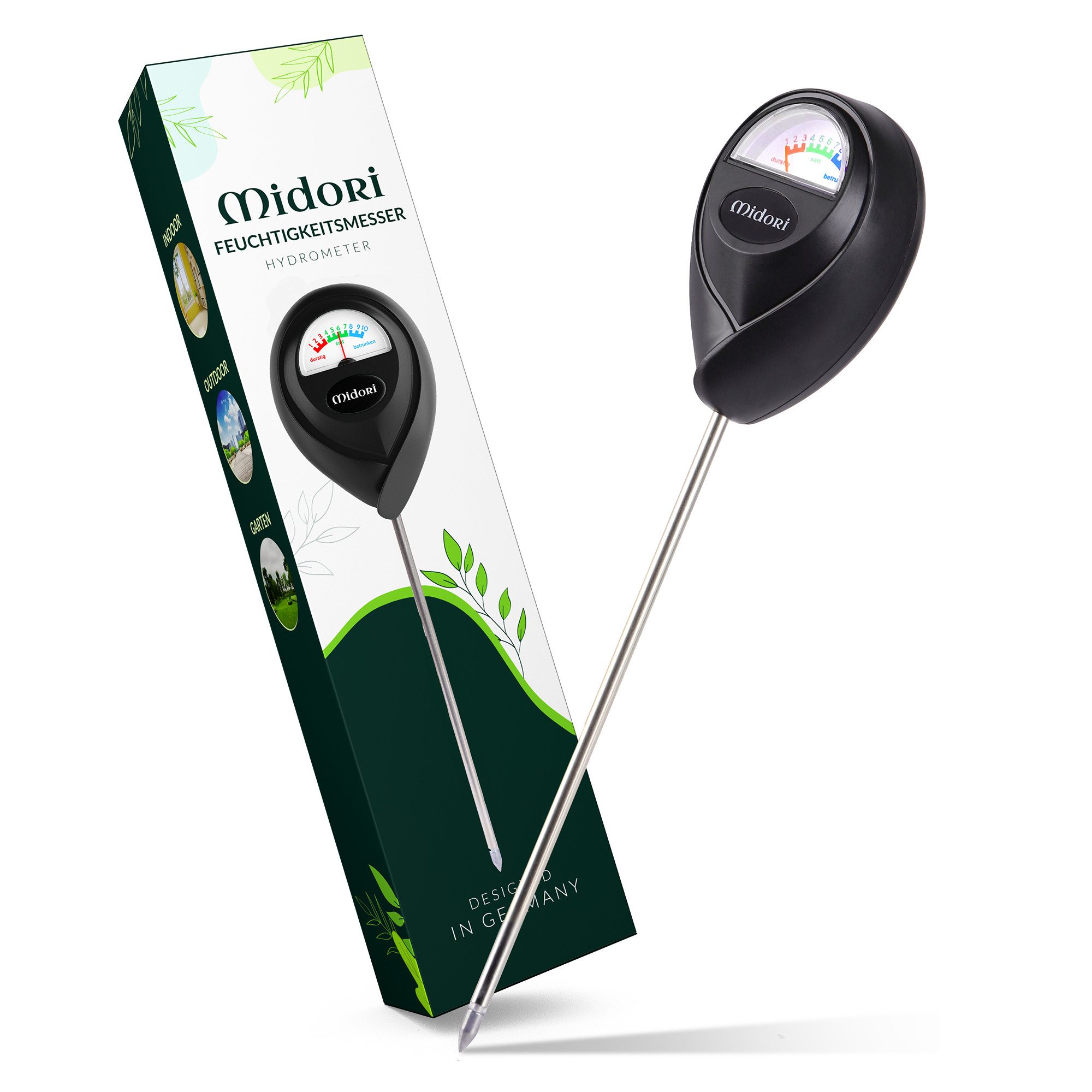 Midori Hygrometer, (1-St), 1 x Midori Boden-Feuchtigkeitsmesser Messgerät Hydrometer Schwarz