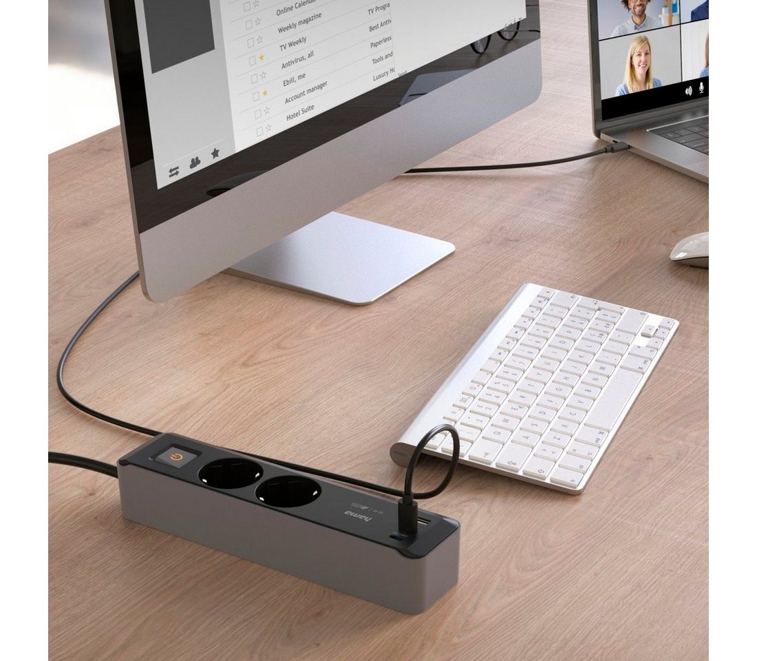 Thumbnail - Hama 5in1 Steckdosenleiste 2 fach mit Schalter, 2 USB-C, 1x USB A, schwarz Steckdosenleiste 2-fach (Ein- / Ausschalter, ...