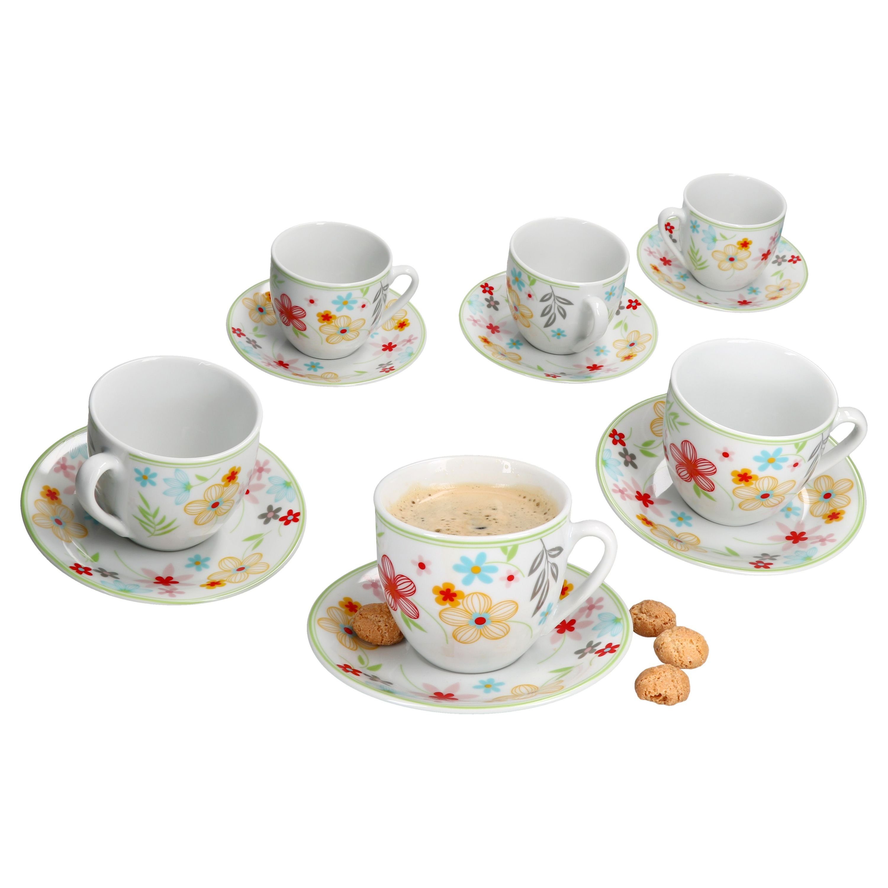 MamboCat Tasse 6er Set Variant Blümchen Kaffeetassen mit Untertassen für 6 Personen, Porzellan