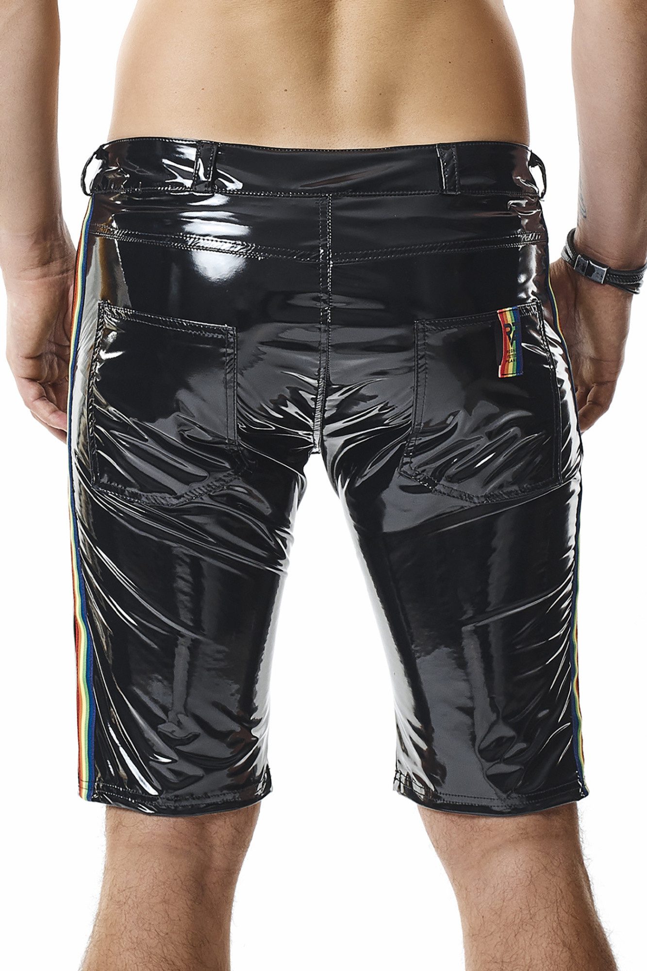 Regnes Fetish Planet Lederimitathose Herren Shorts schwarz glänzend kurze Männer Hose knielang elastisch