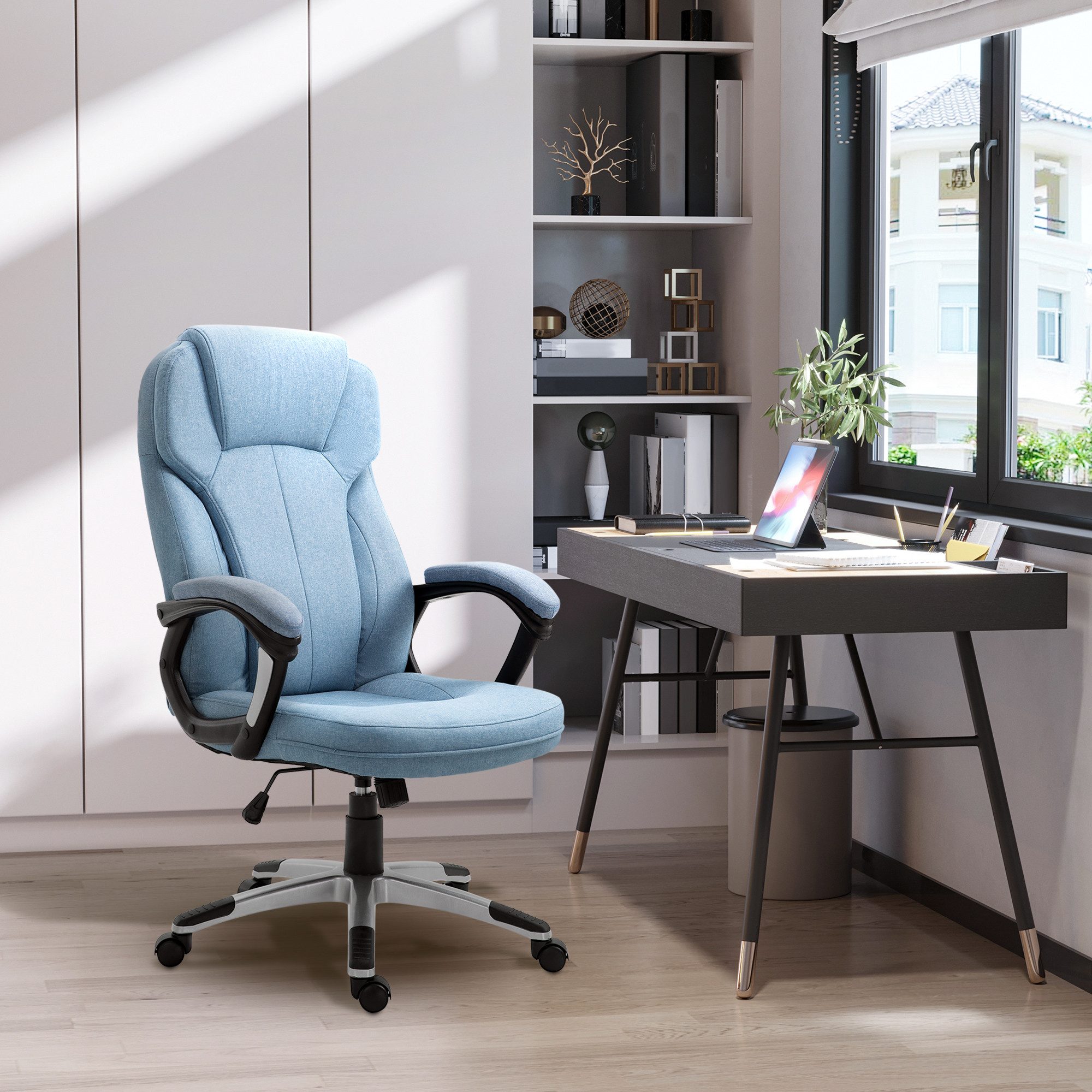 Vinsetto Bürostuhl Computerstuhl Ergonomisch Drehstuhl höhenverstellbar Wippfunktion (Drehstuhl, 1 St), Leinenoptik Hellblau 66 x 75 x 110–120 cm