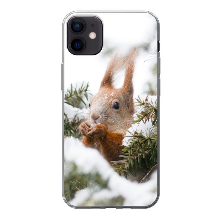 MuchoWow Handyhülle Eichhörnchen - Kiefer - Schnee Handyhülle Apple iPhone 12 Mini Smartphone-Bumper Print Handy