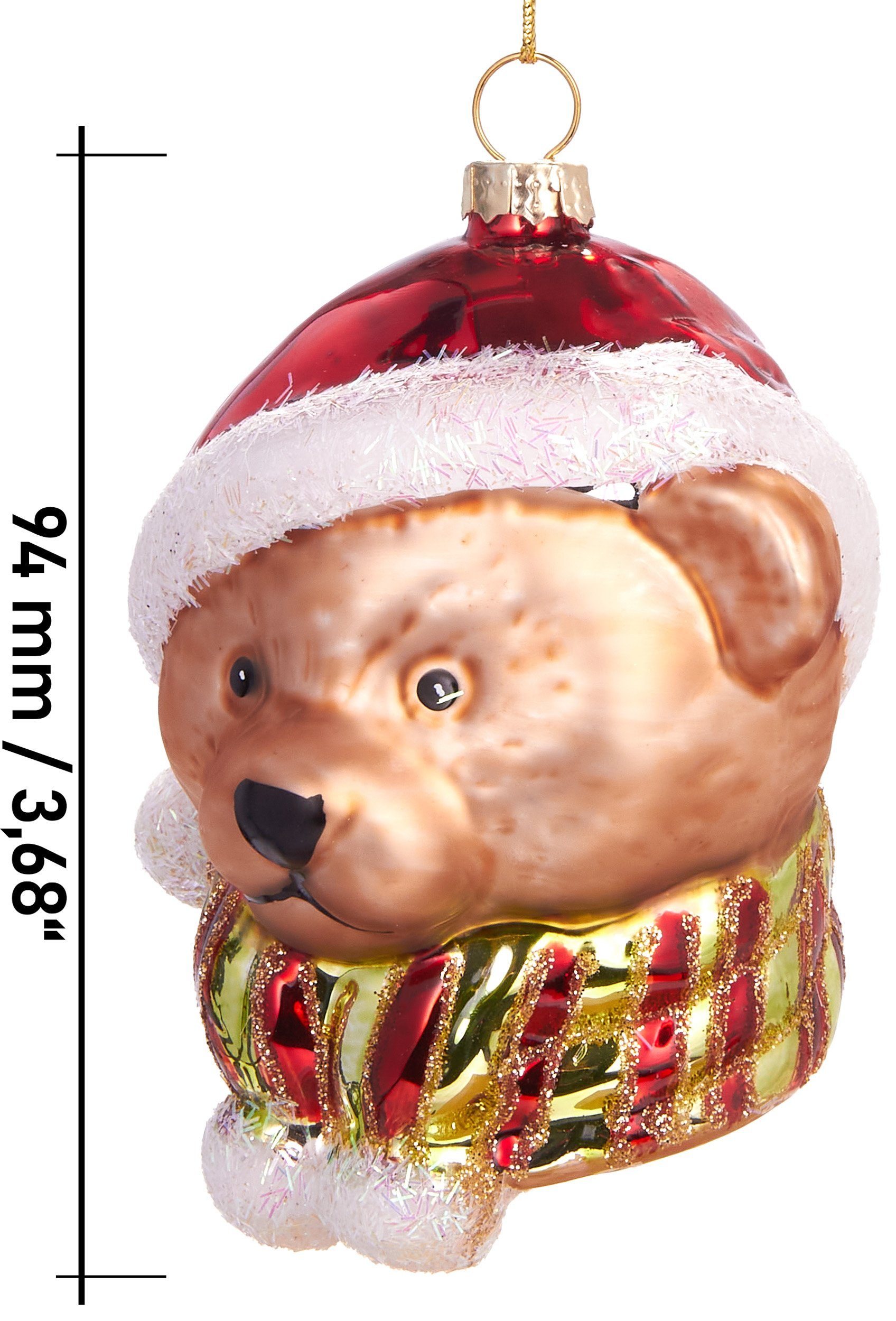 Glas, Weihnachtskugel Mütze, 9.5 Unikat mit Teddybär cm Dekoration BRUBAKER weihnachtliche aus mundgeblasenes Handbemalte - Christbaumschmuck