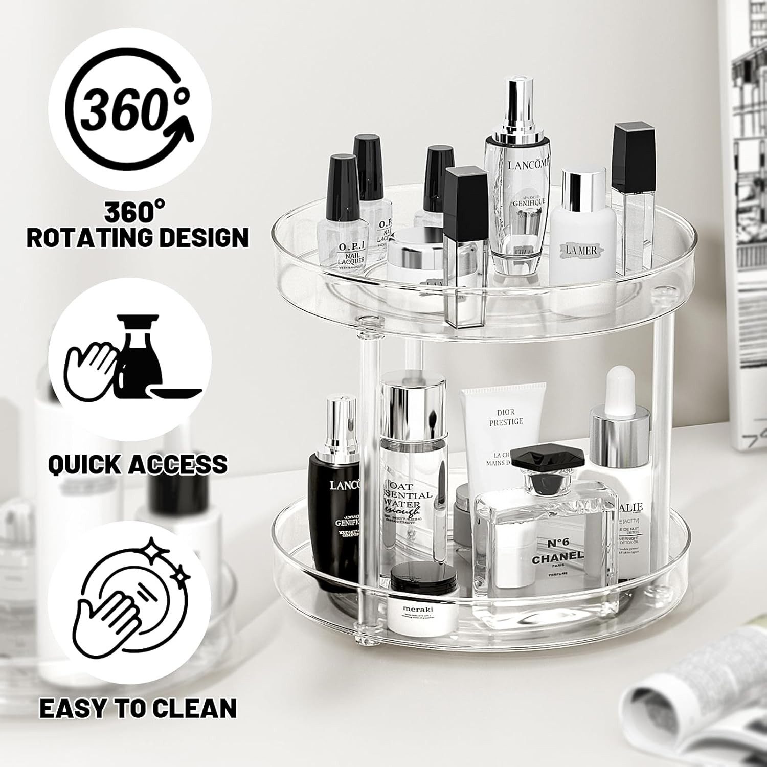 Refined Living Organizer 360° Drehbarer Kosmetik-Organizer mit Fächern, Schminktisch-Organizer (Badezimmer Aufbewahrung, Parfümständer, Make-up Karussell, Kosme – Bild 3 von 5