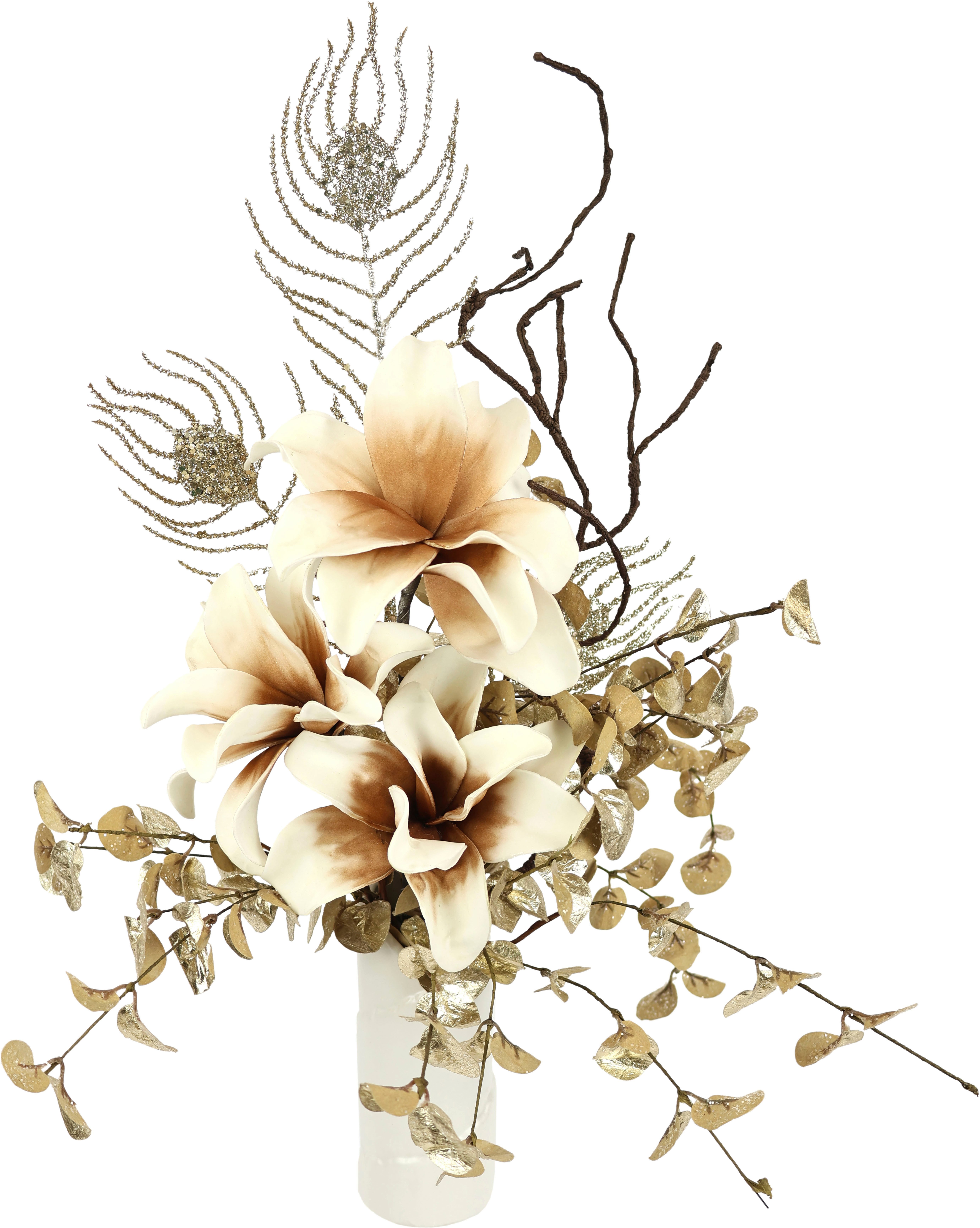 Winterliche Kunstpflanze Gesteck, Soft-Magnolie in Vase, festliche Weihnachtdeko