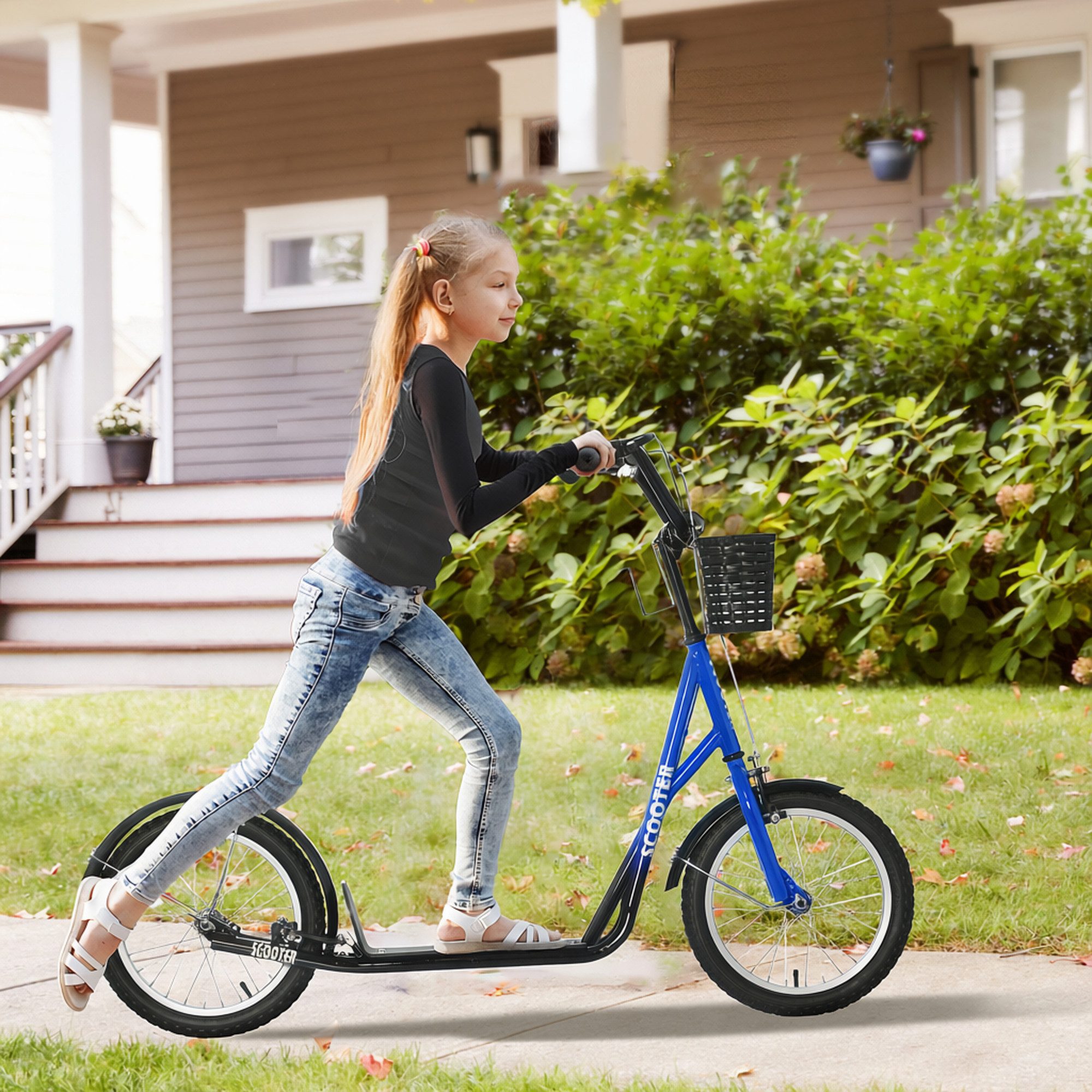 HOMCOM Cityroller Roller Kinderroller mit Luftreifen Handbremse 16 Zoll Tretroller, 1 km/h, (Roller, 1 tlg., Kickscooter), für 5-12 Kinder, Blau+Schwarz