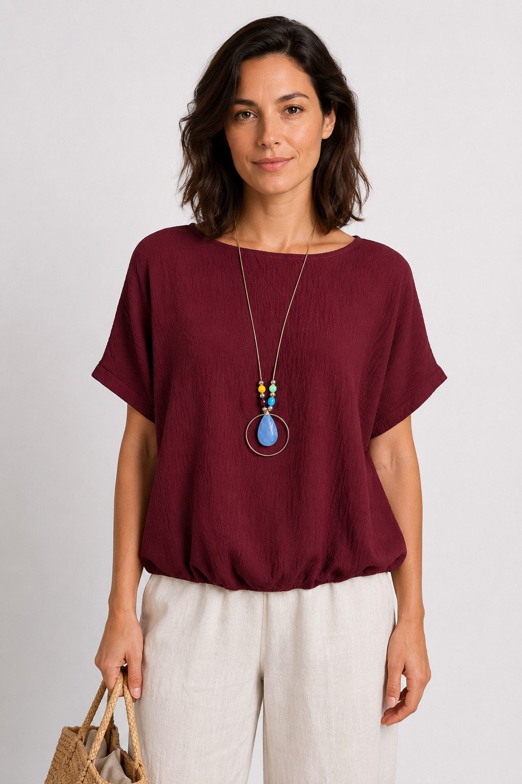ITALY VIBES Kurzarmbluse - Blusenshirt Damen - leichte Sommerbluse mit Gummibund und Kette Gratis Kette zu jeder Bluse! / ONE SIZE - passend von Größe S bis L
