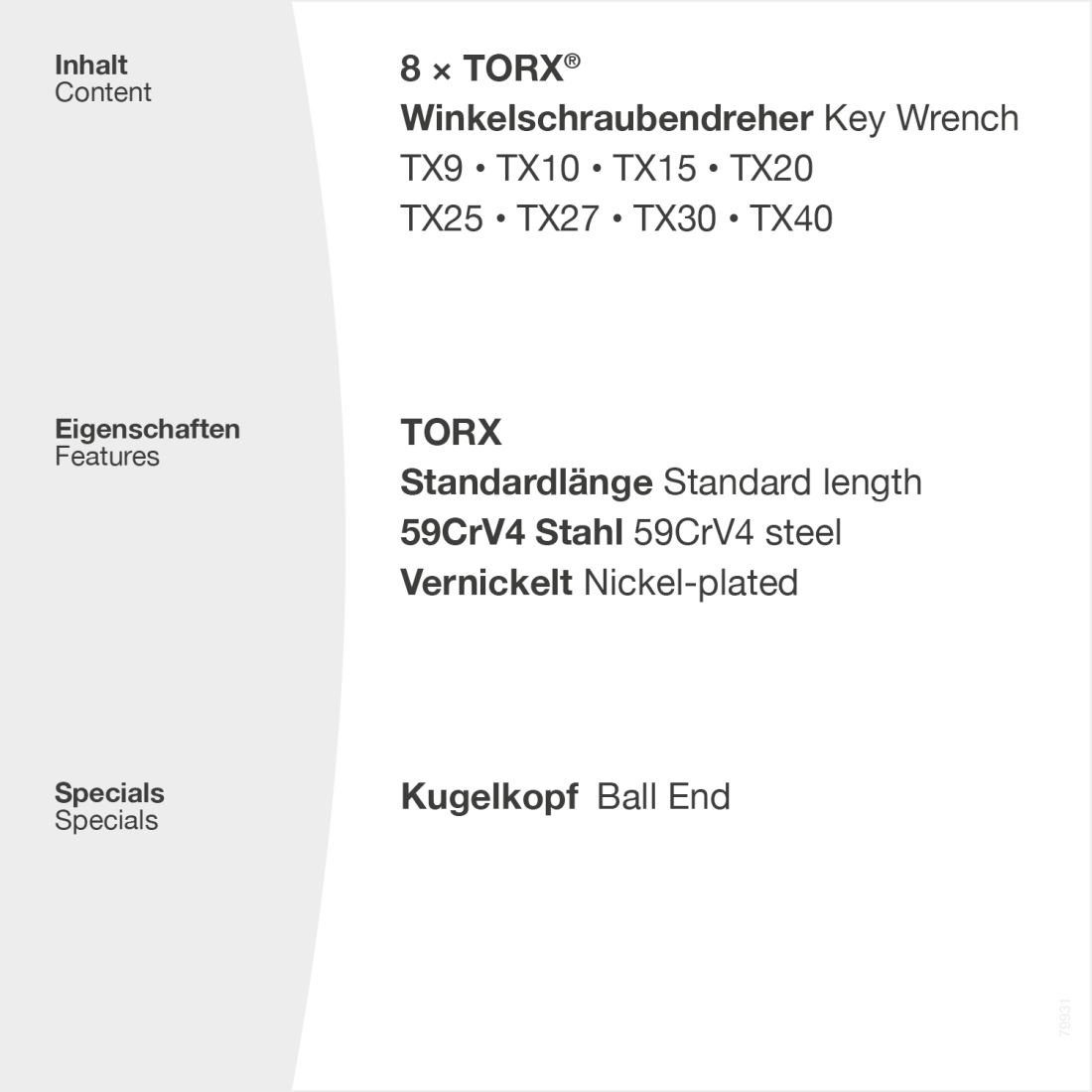 TORX vernickelt mit - Stiftschlüssel TX40, Kugelkopf Winkelschraubendreher TX9 - Set
