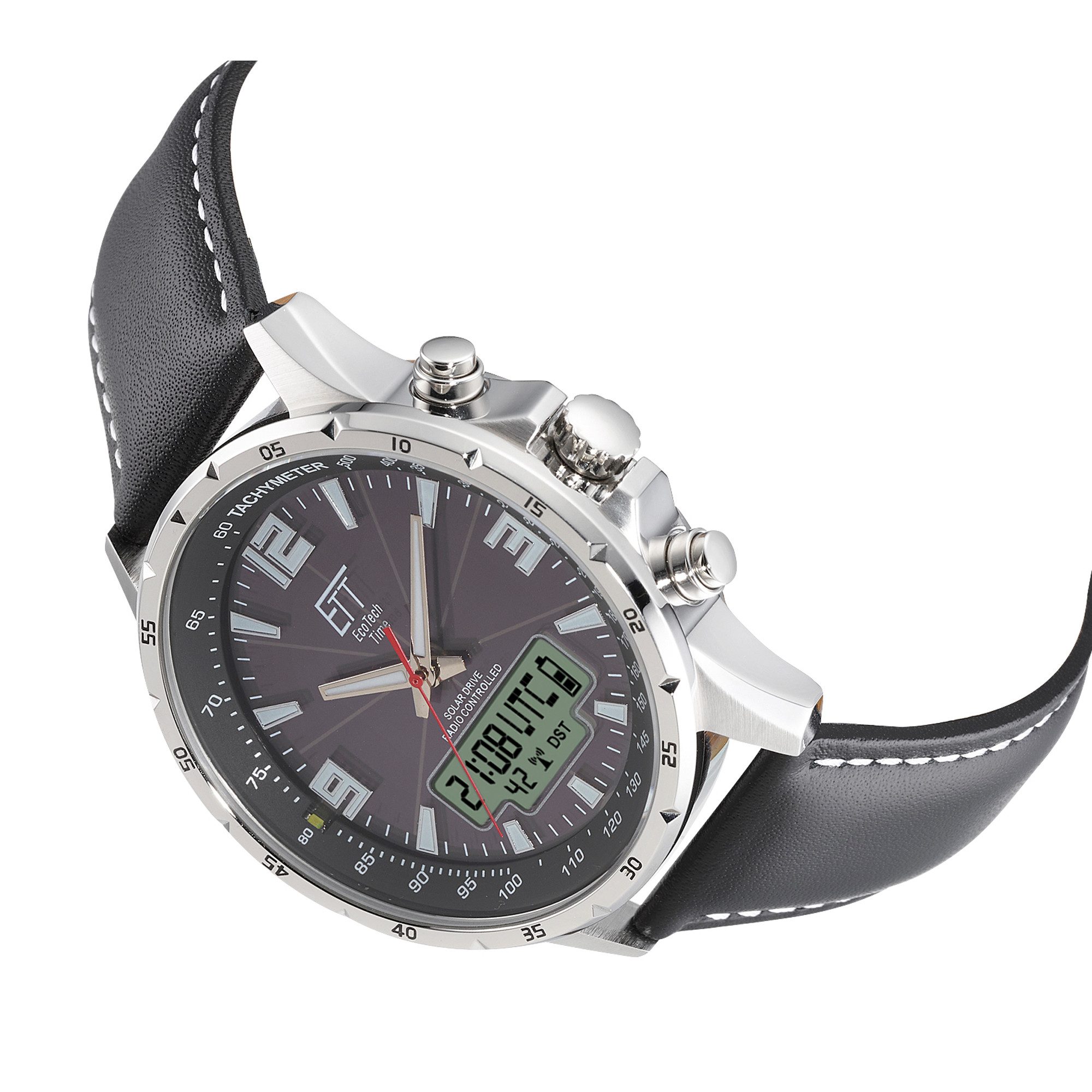 ETT Funk-Multifunktionsuhr Professional WorldTimer EGS-11550-21L, Armbanduhr, Solar, Herrenuhr, Lederarmband, analog, digital, Tag