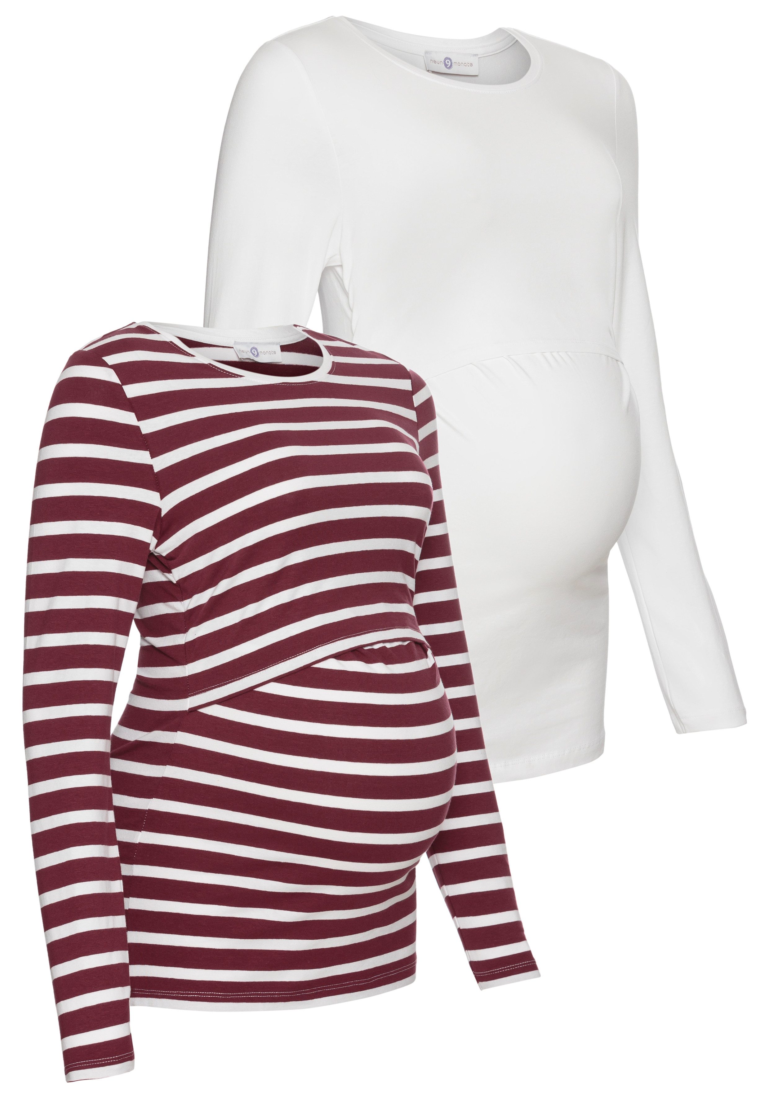 Neun Monate Umstandsshirt, 2er Pack Shirts für Schwangerschaft und Stillzeit (Packung, 2-tlg., 2) Langarm, figurbetont, unifarben oder geringelt