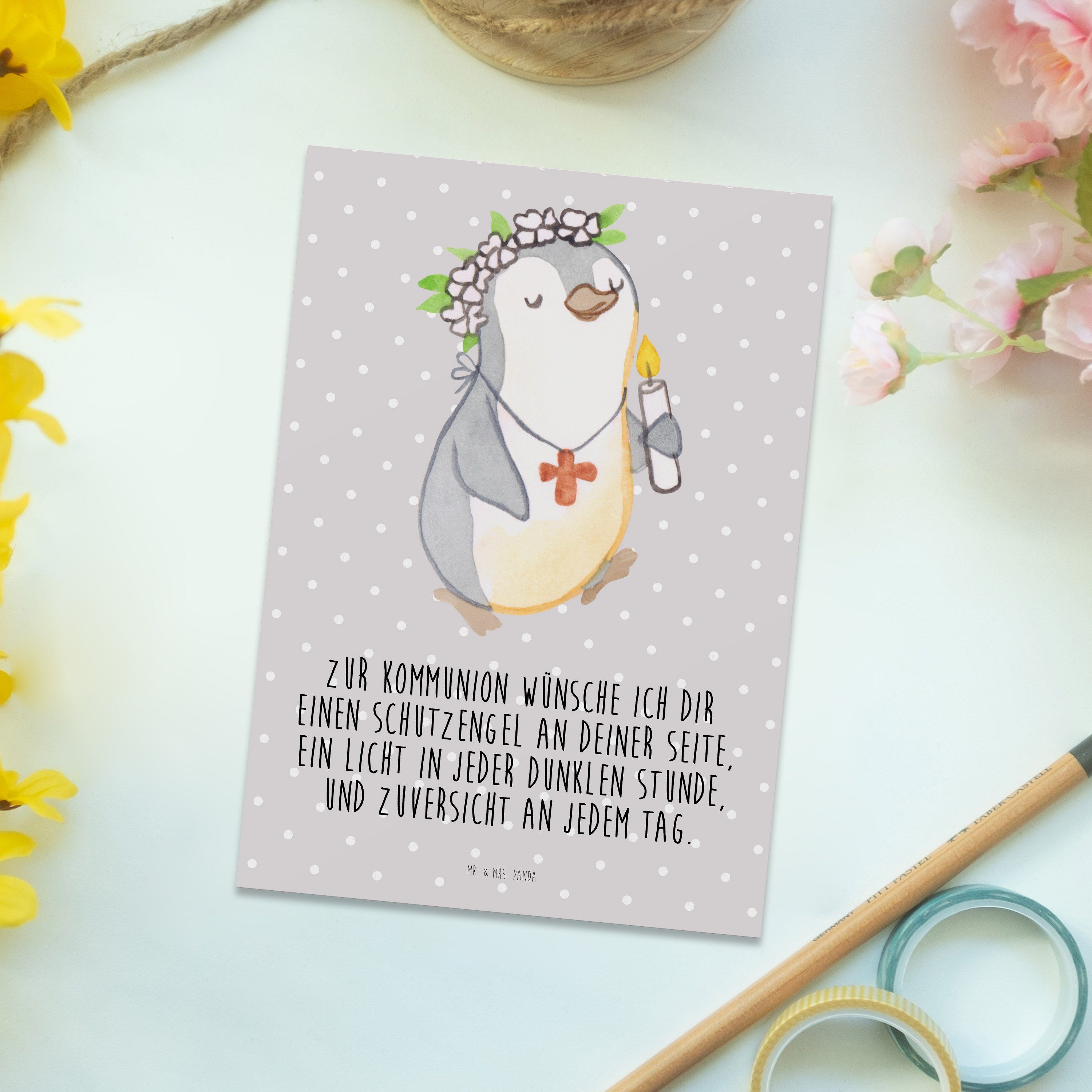 Postkarte Konfirmation Mr. - Kommunion Pinguin Panda & Mädchen Ges Mrs. Geschenk, Pastell Grau -