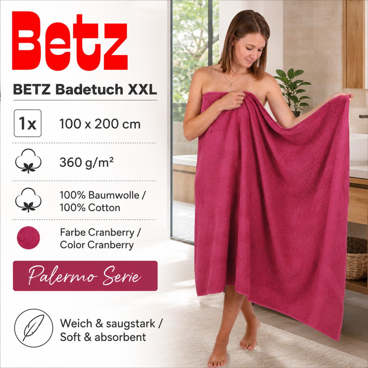 Betz Badetuch XXL 100x200 cm Palermo Saunatuch & Strandtuch Pflegeleicht & saugstark, 100% Baumwolle (1 Stück, 1-St)