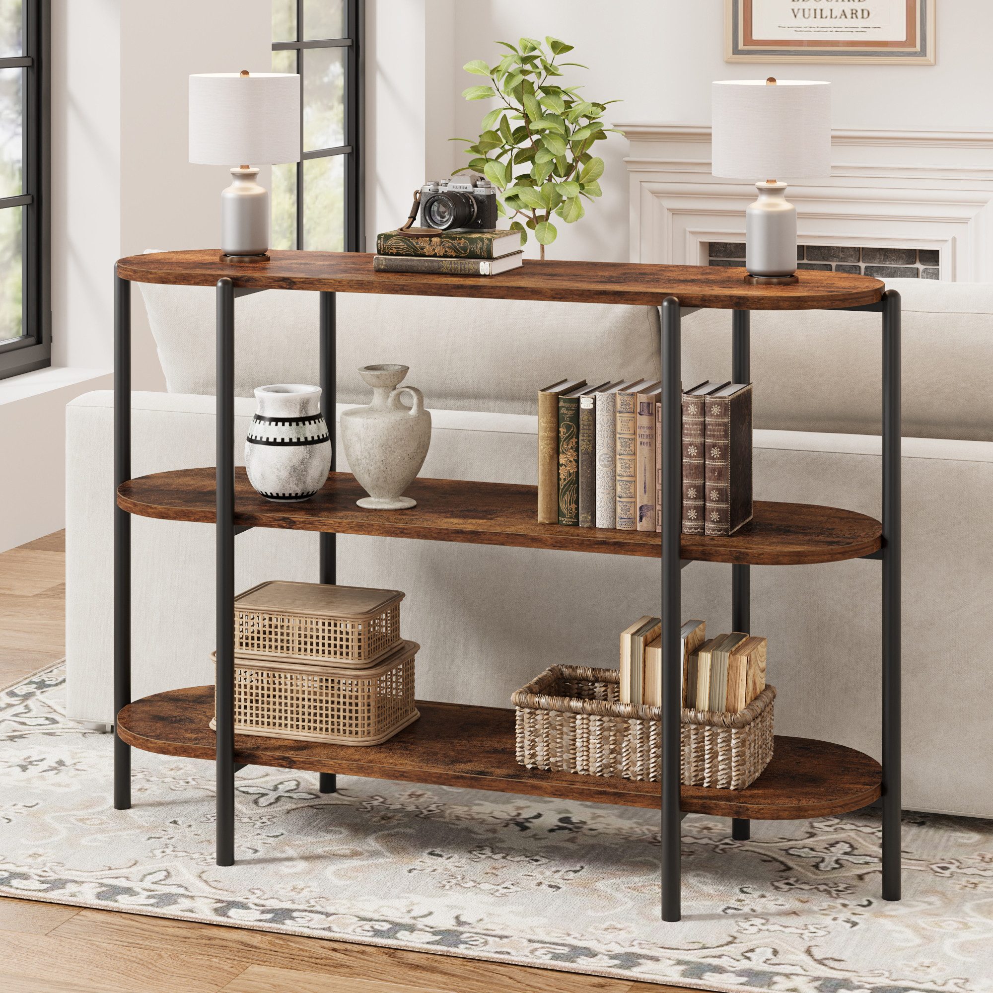 GarveeMore Konsolentisch 3-stöckiger ovaler Beistelltisch mit offenen Regalfächern, schmales Sideboard mit stabilem Metallgestell im Industrie-Design