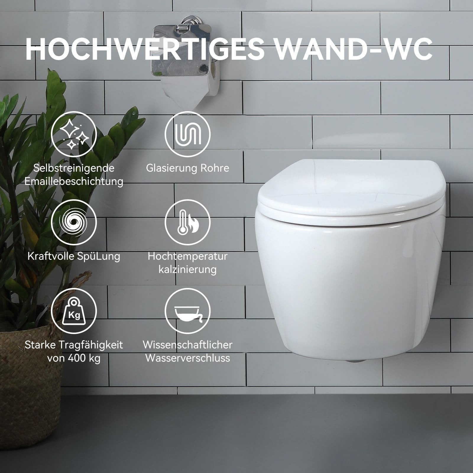 HOROW Tiefspül-WC Hänge WC Spülrandlos Toilette - 360° Einloch Superspin Spülung Wand WC, und WC Sitz mit Absenkautomatik, Abgang WC, Wand-WC mit WC-Sitz Absenkautomatik